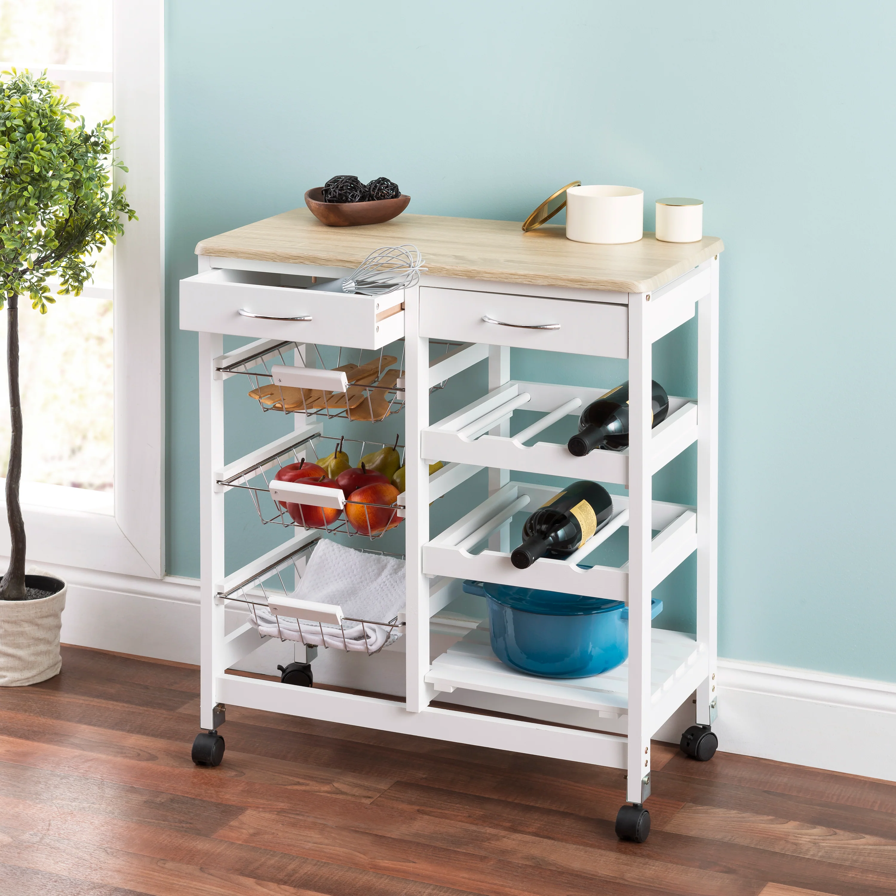 Home Basics Oak Top Rolling Kitchen Trolley with Two Drawers and Two Baskets, White - Image 2