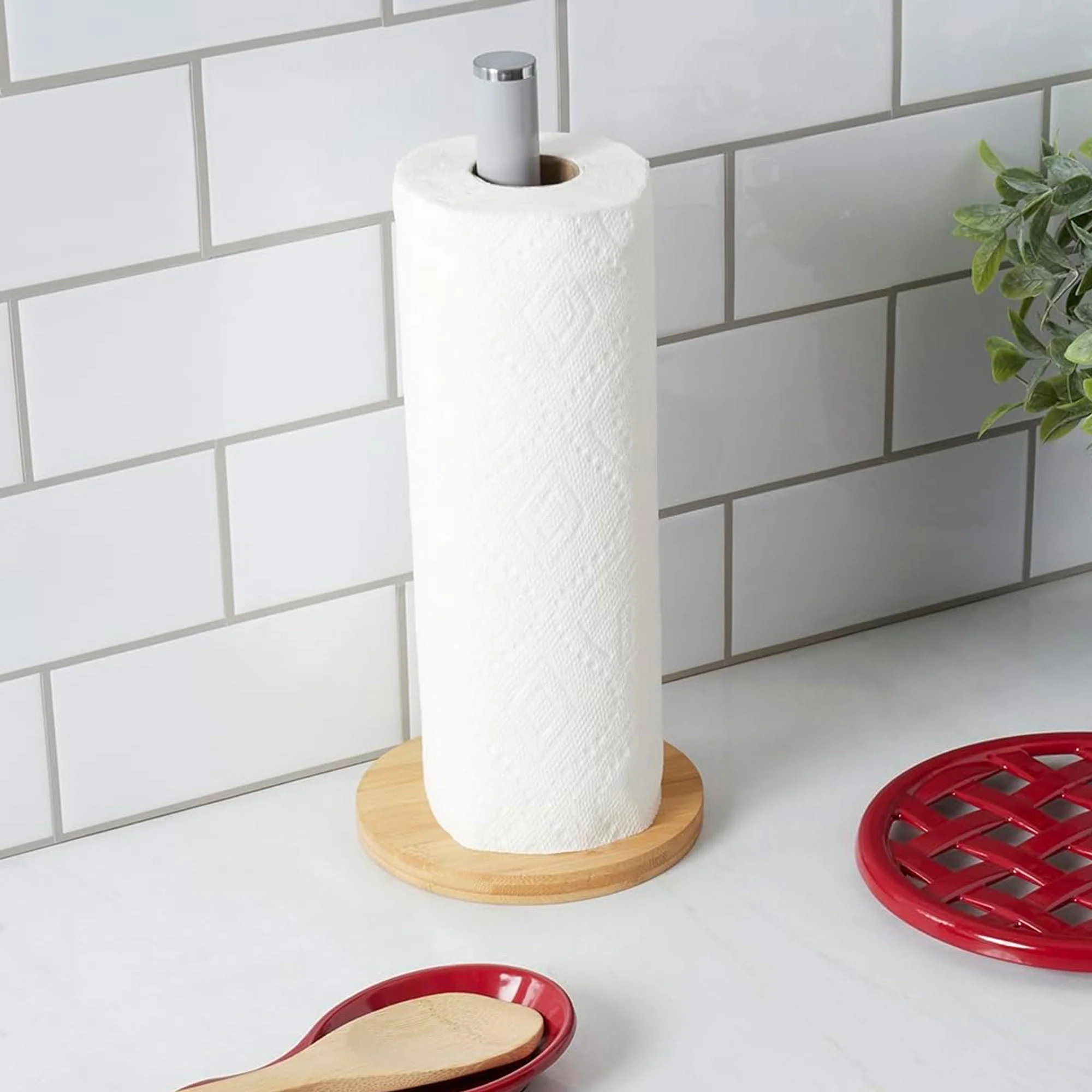 Home Basics Paper Towel Holder With Bamboo Base, Bonny Grey, 6x6x13.5 Inches - Image 3