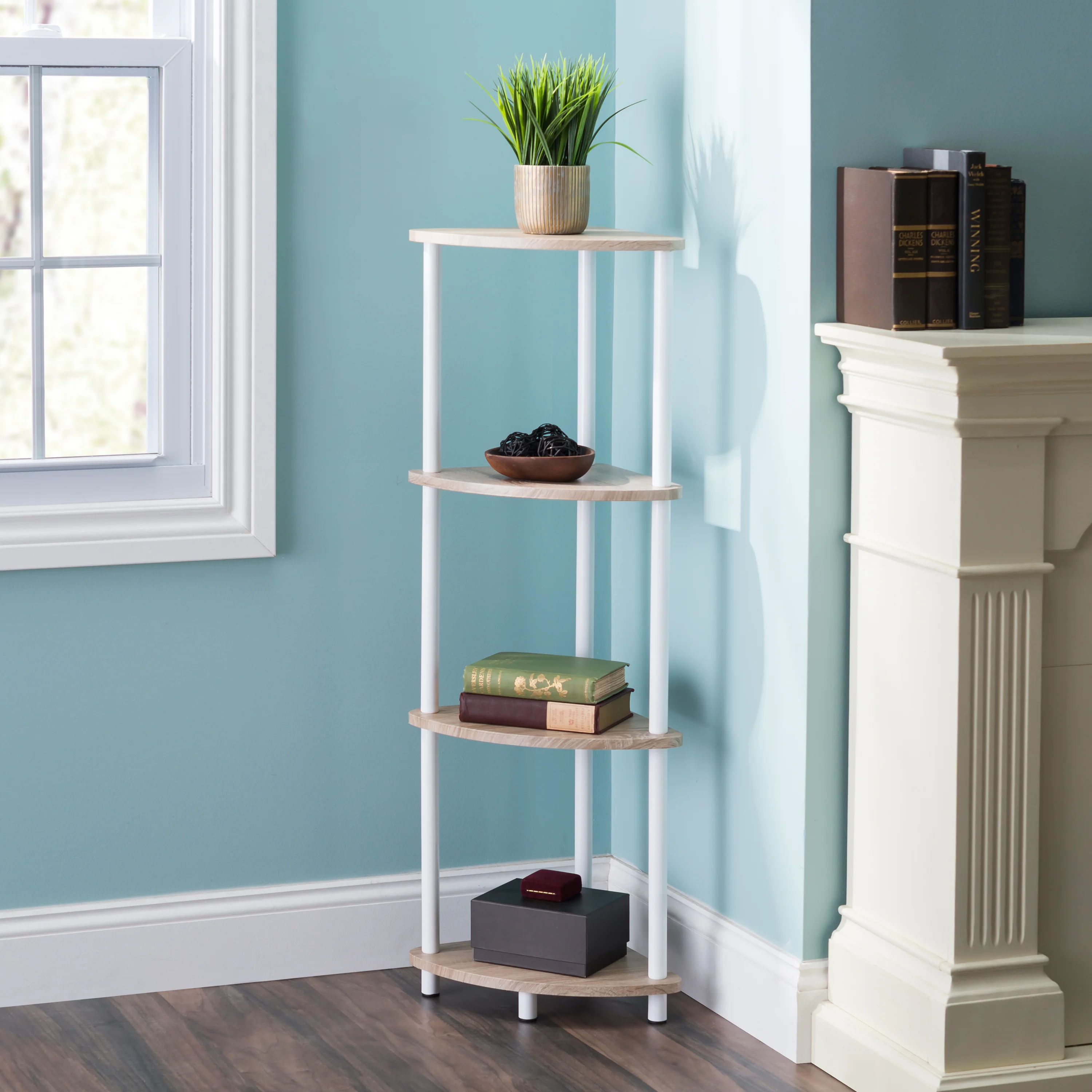 Home Basics Pine Wood 4 Tier Arc Corner Shelf, Natural - Image 2