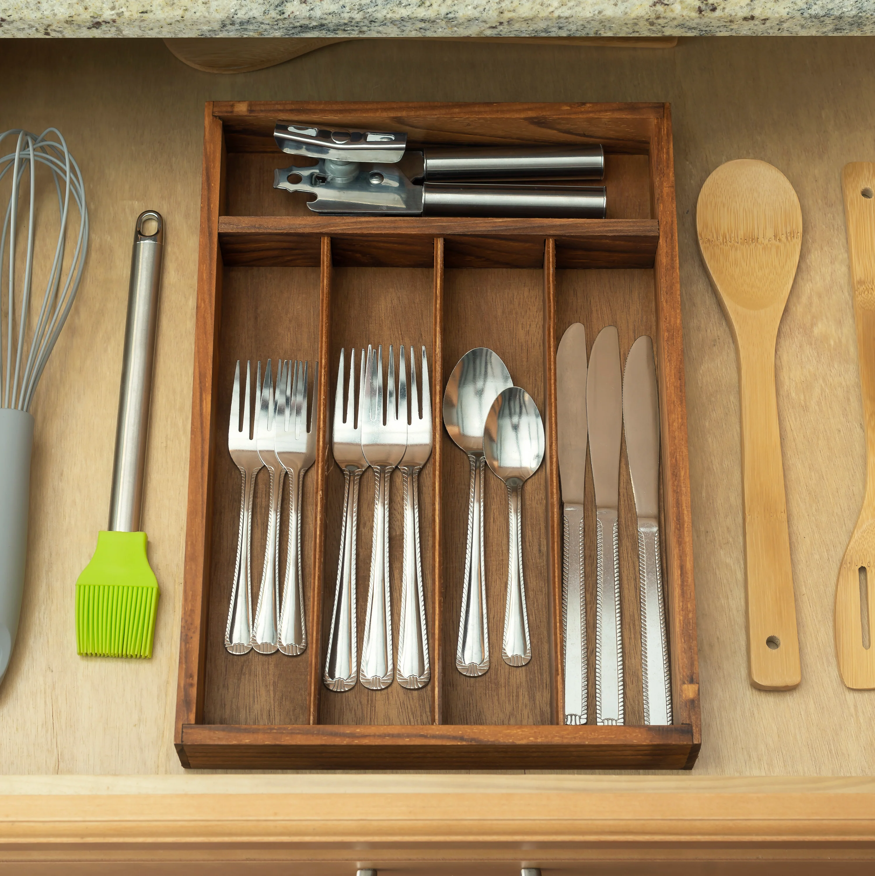 Home Basics Pine Wood Cutlery Tray - Image 4