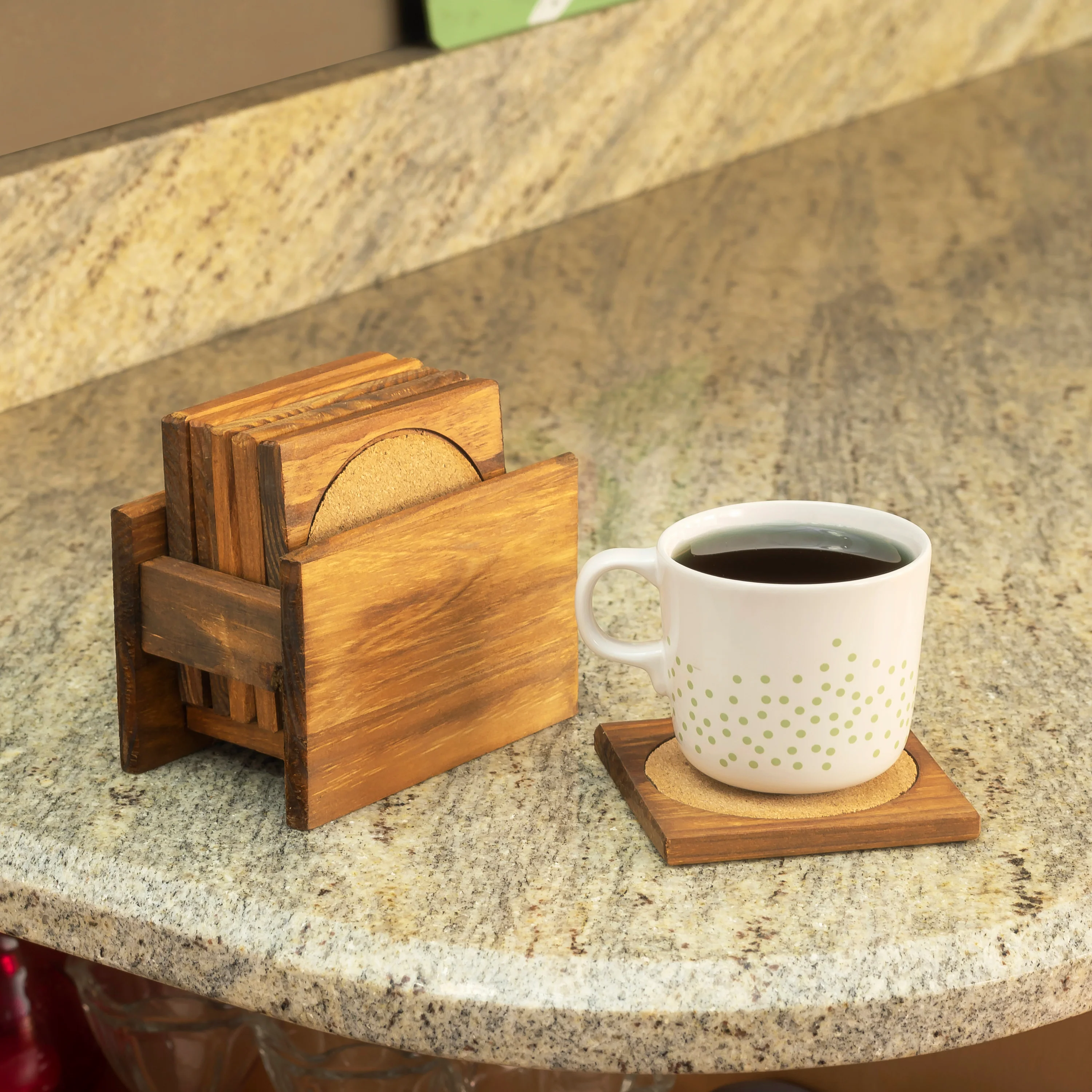 Home Basics Pine Wood Square Coasters with Absorbent Cork Insert, (Set of 6), and Holder - Image 2