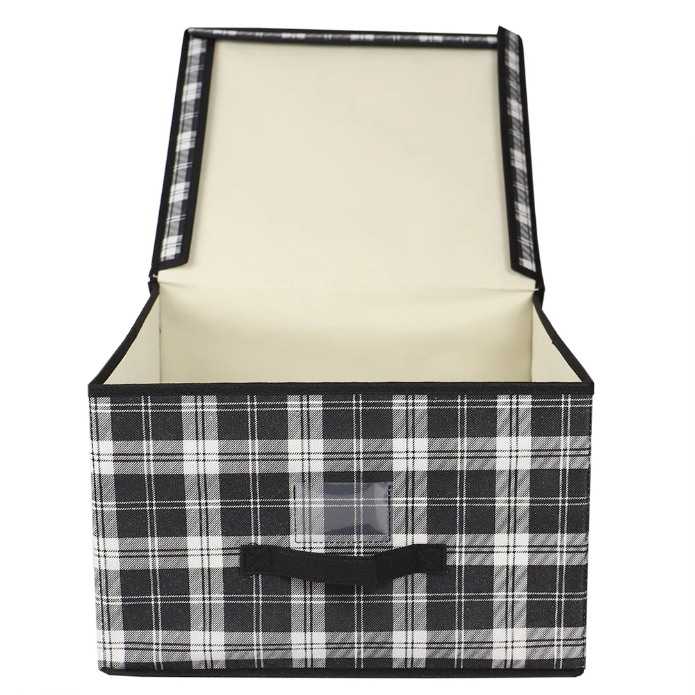 Home Basics Plaid Non-Woven Jumbo Storage Box with Label Window, Black - Image 3
