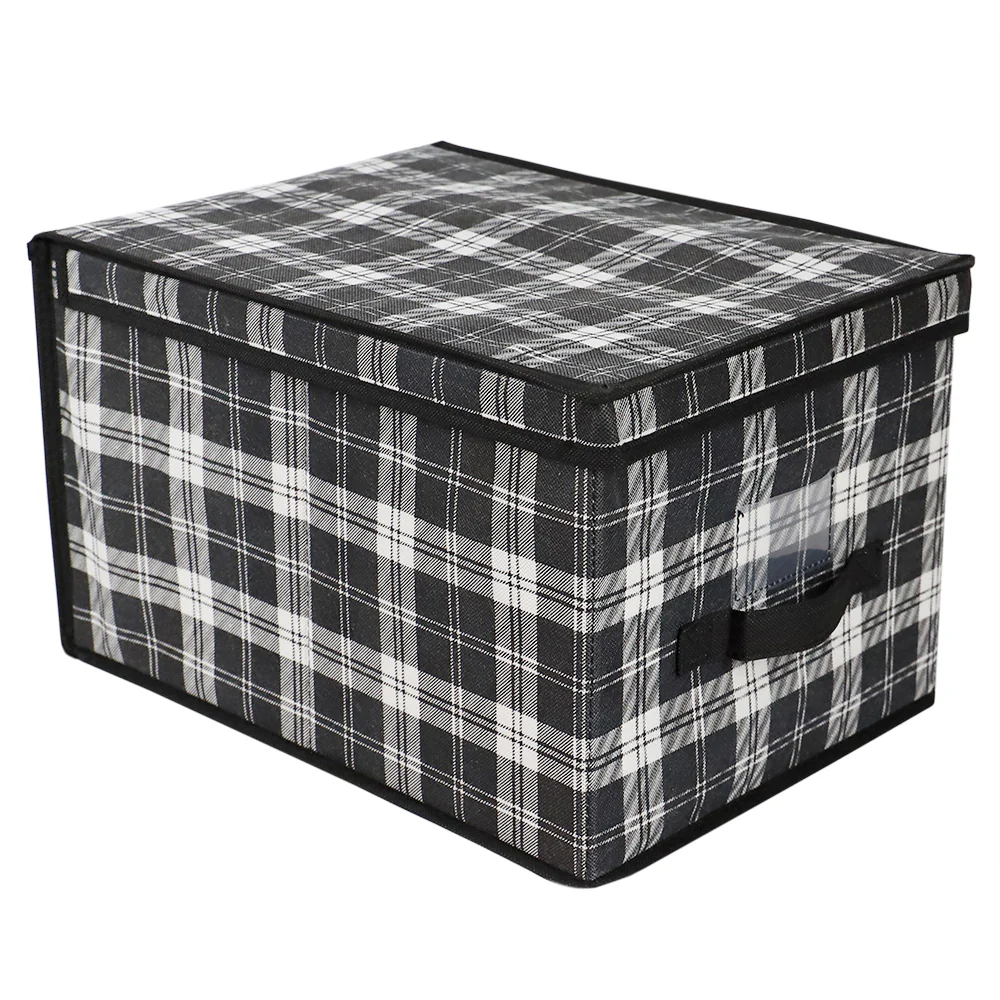 Home Basics Plaid Non-Woven Large Storage Box with Label Window, Black
