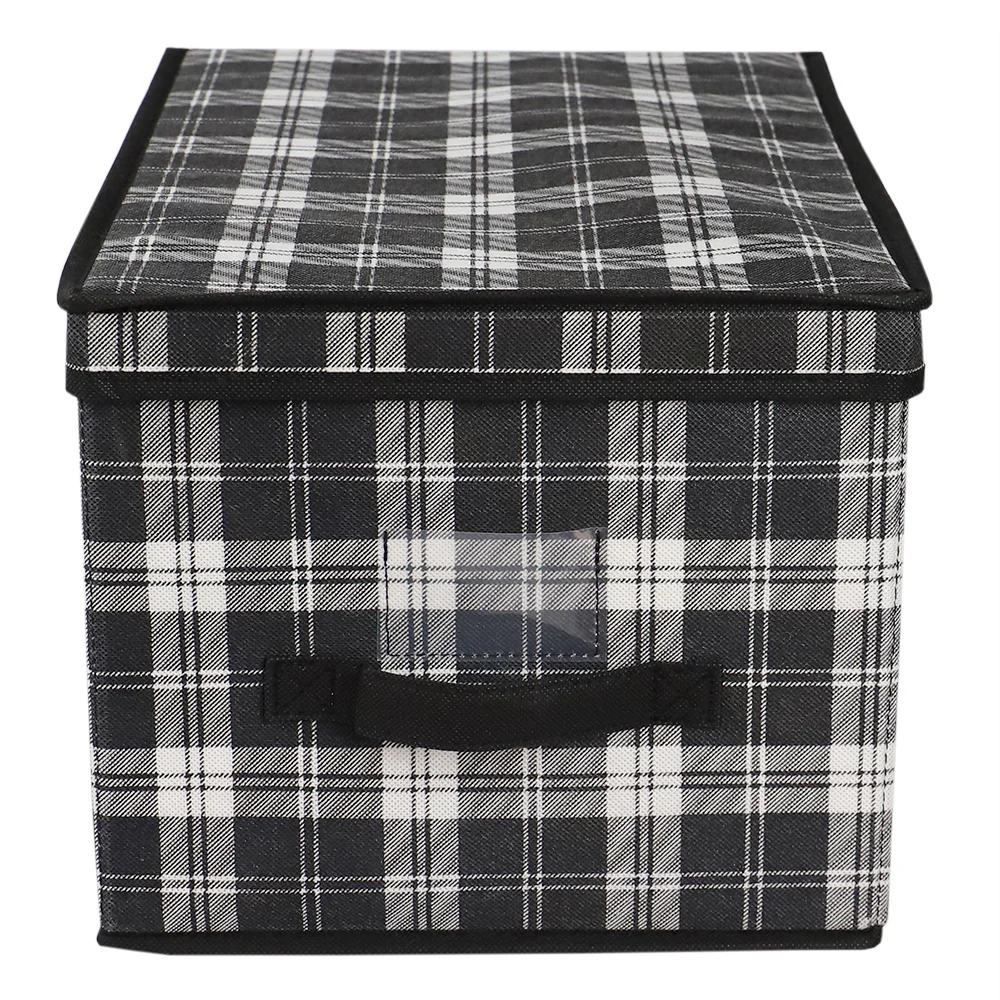 Home Basics Plaid Non-Woven Large Storage Box with Label Window, Black - Image 2