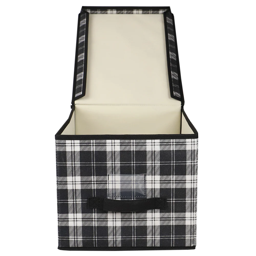 Home Basics Plaid Non-Woven Large Storage Box with Label Window, Black - Image 3