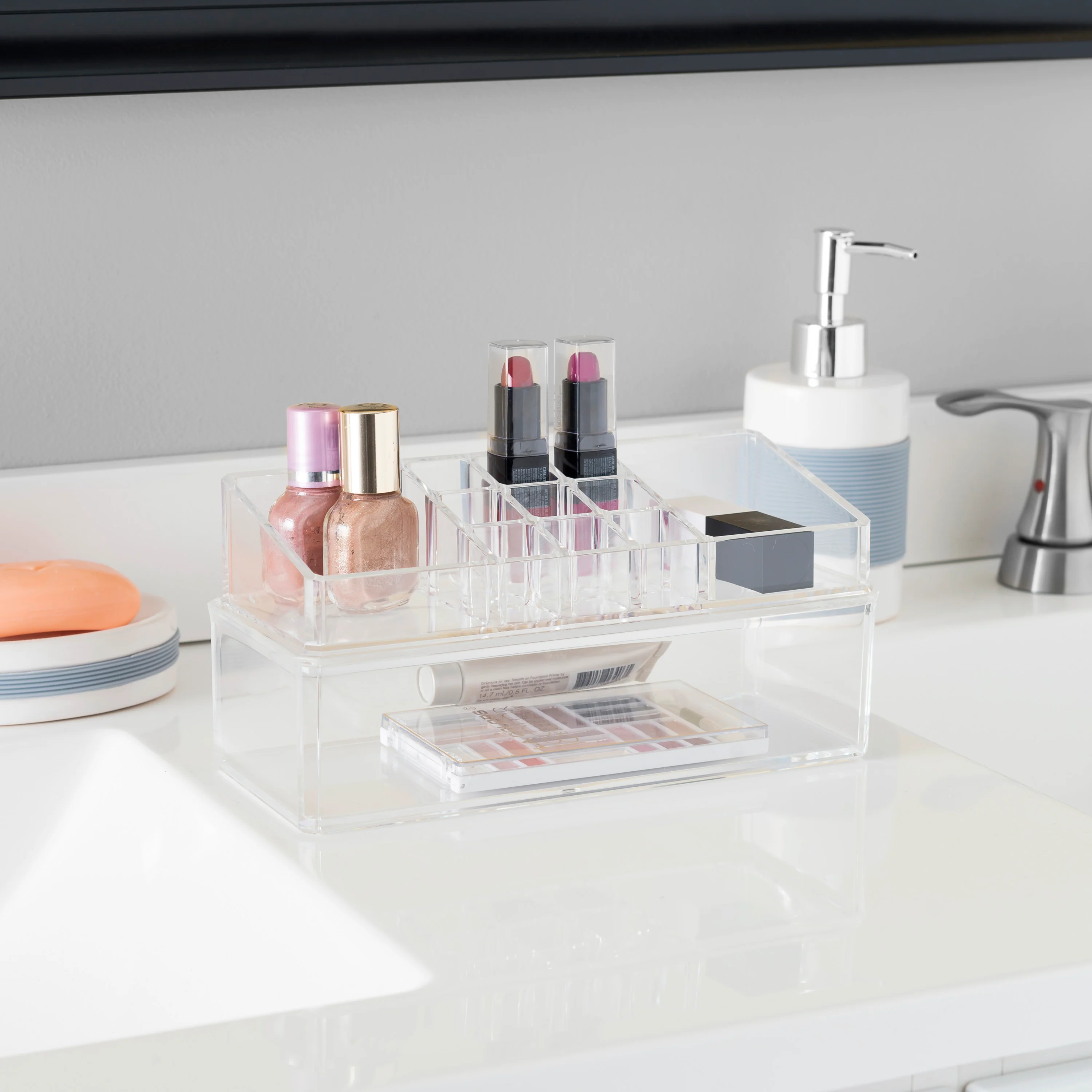 Home Basics Plastic Cosmetic Organizer with Drawer, Clear - Image 3