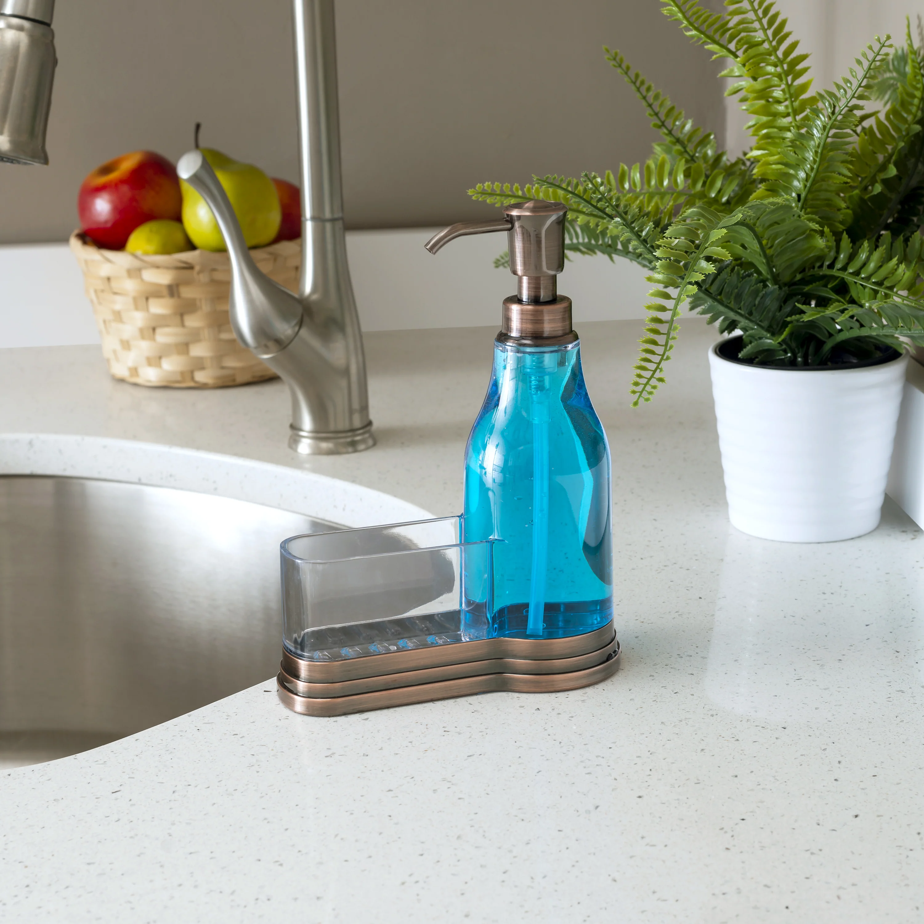 Home Basics Plastic Soap Dispenser with Brushed Steel Top and Sponge Holder, Bronze - Image 10