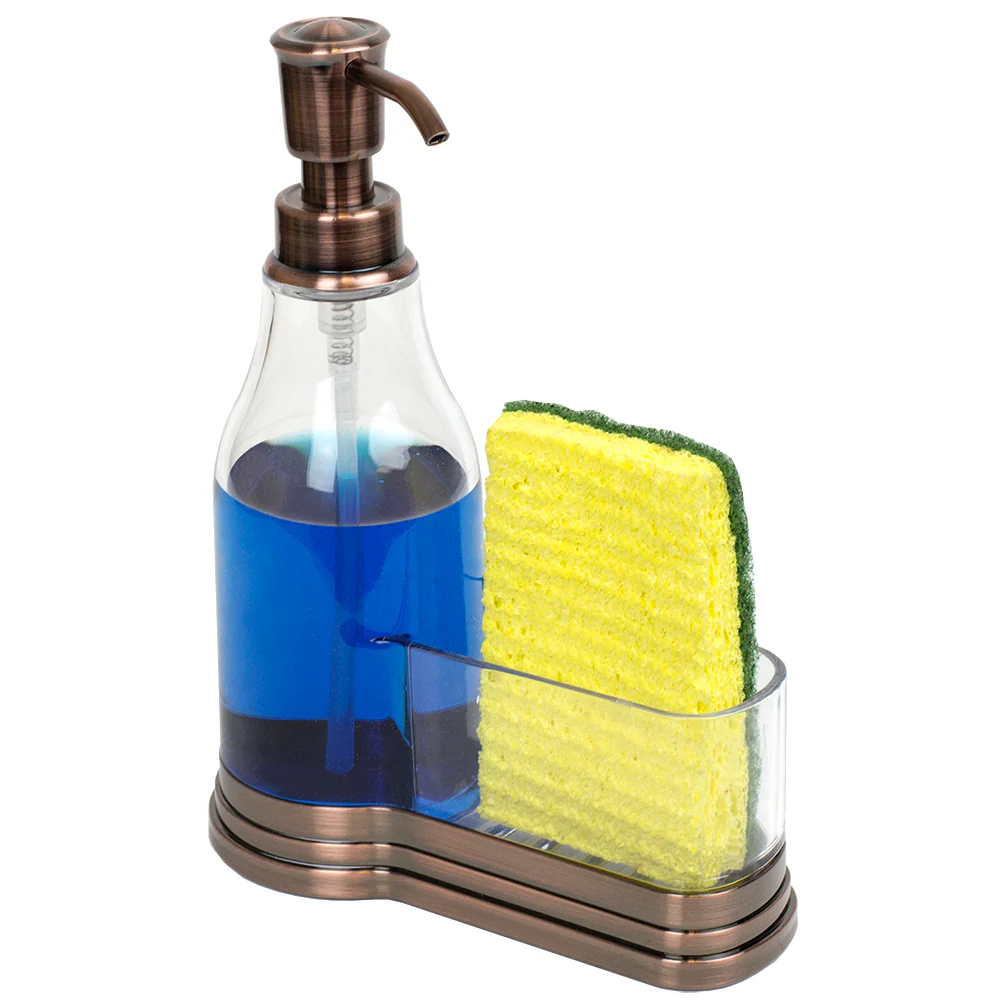 Home Basics Plastic Soap Dispenser with Brushed Steel Top and Sponge Holder, Bronze - Image 2