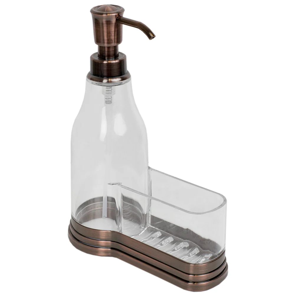 Home Basics Plastic Soap Dispenser with Brushed Steel Top and Sponge Holder, Bronze - Image 4