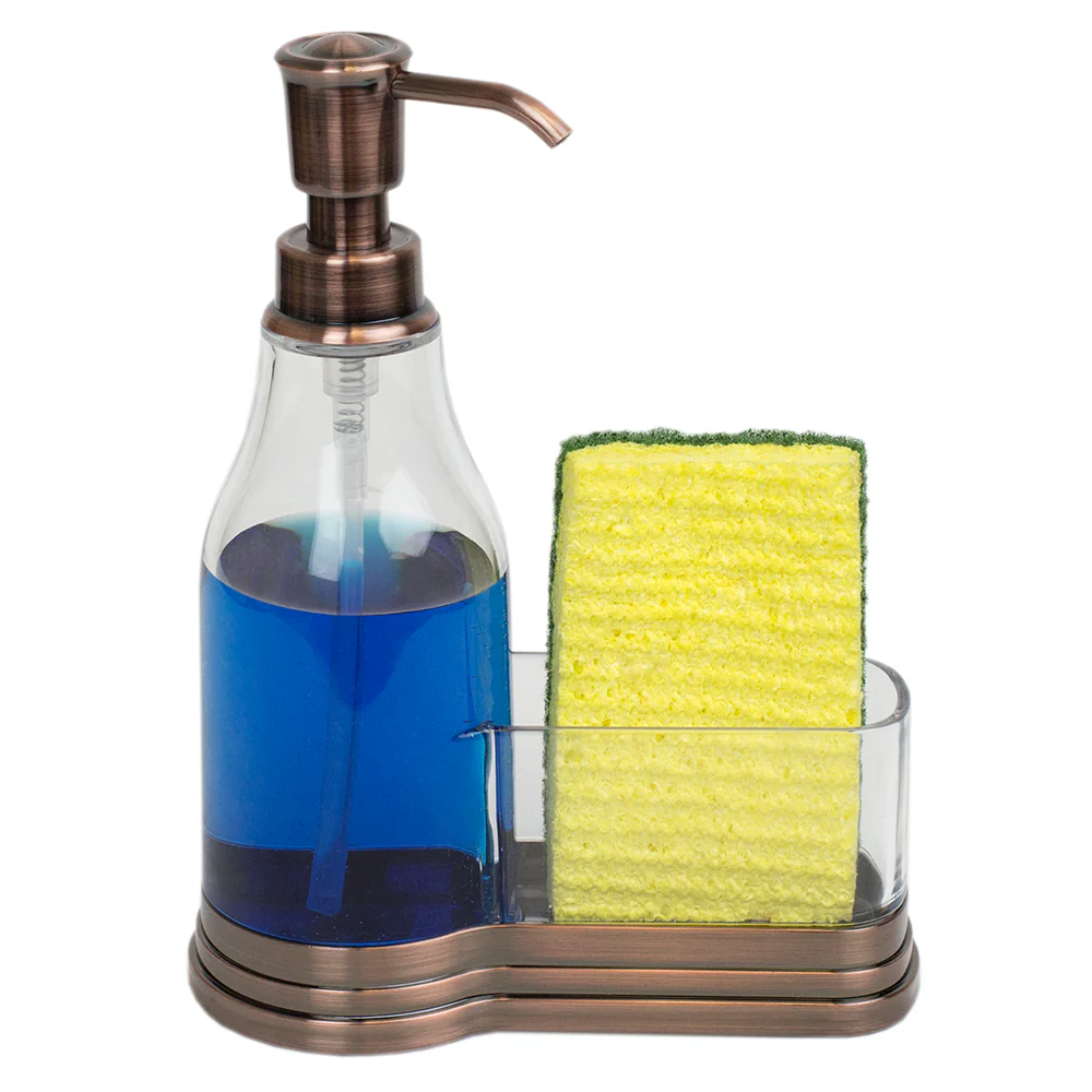 Home Basics Plastic Soap Dispenser with Brushed Steel Top and Sponge Holder, Bronze - Image 6