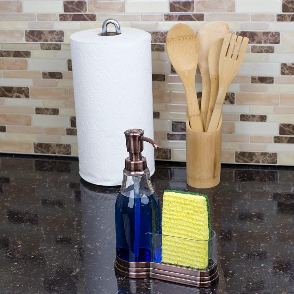 Home Basics Plastic Soap Dispenser with Brushed Steel Top and Sponge Holder, Bronze - Image 7