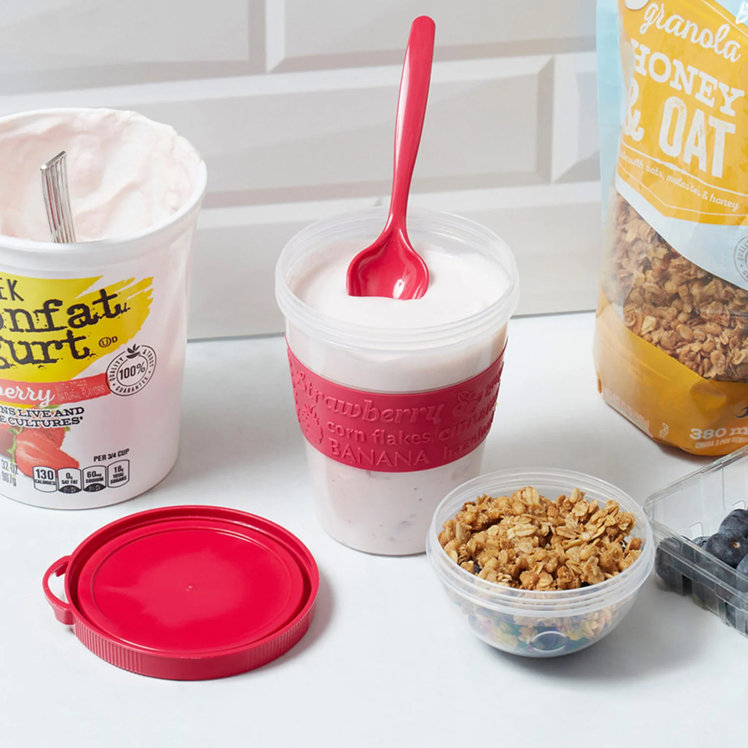 Home Basics Plastic To-Go Cup with Spoon, Assorted Colors - Image 3