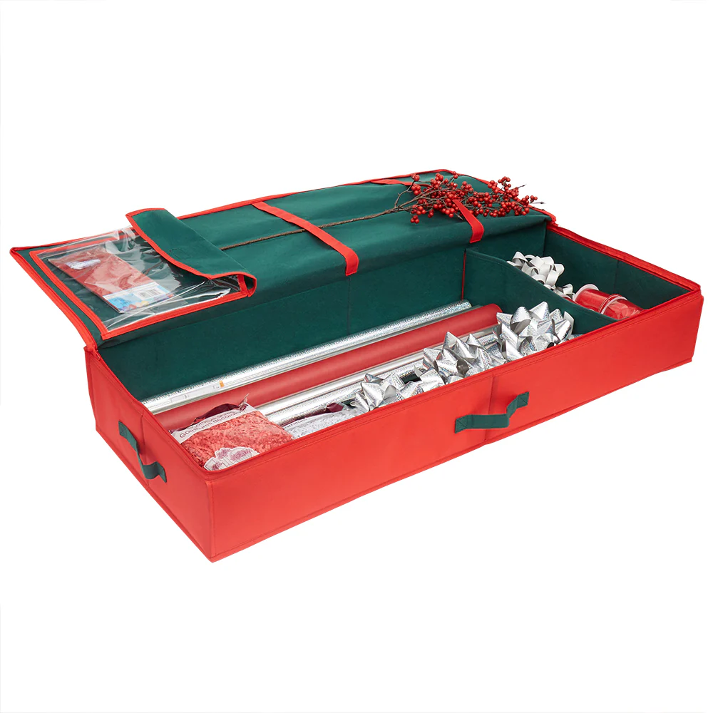 Home Basics Red Textured PVC Christmas Wrapping Storage Organizer with Green Handles - Image 2