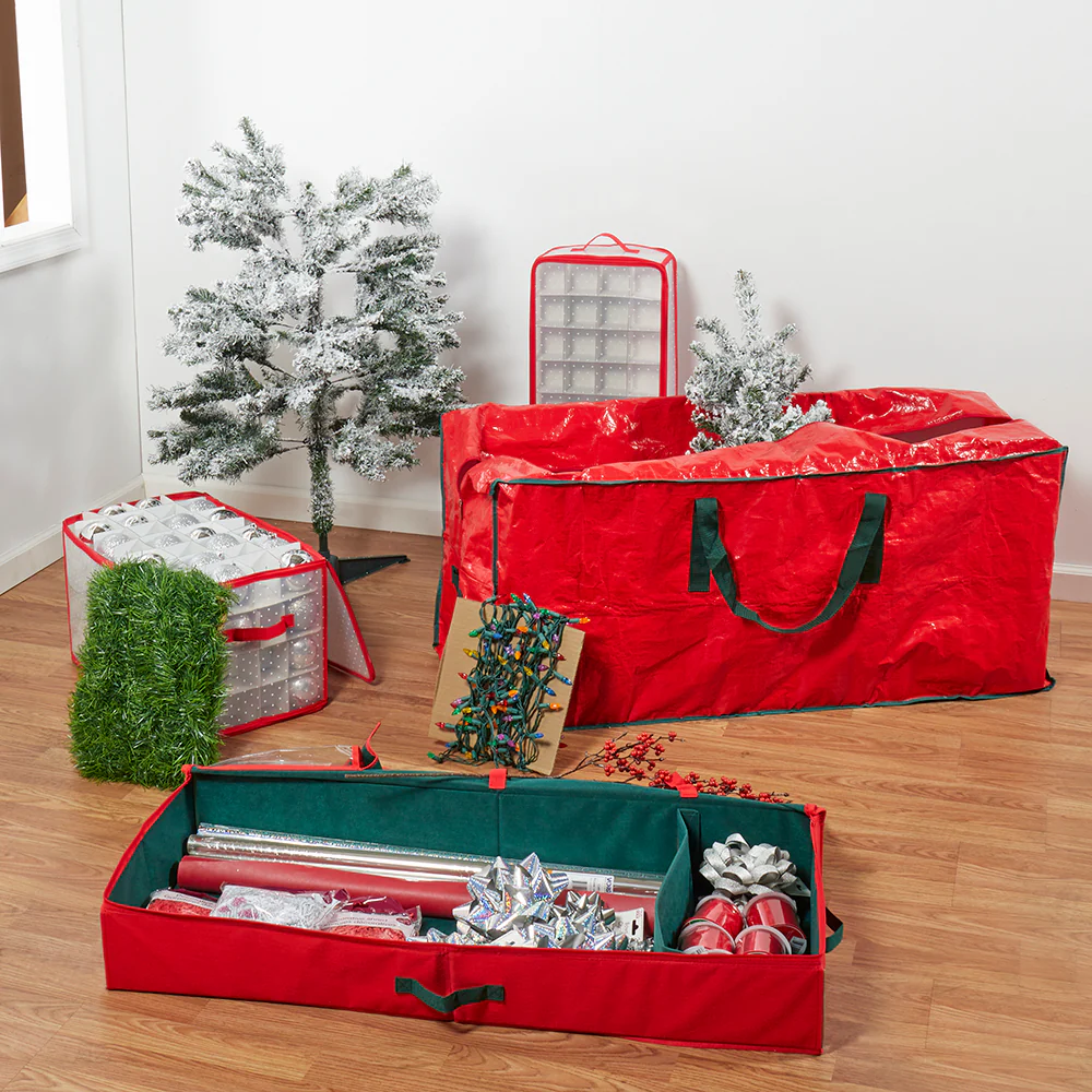 Home Basics Red Textured PVC Christmas Wrapping Storage Organizer with Green Handles - Image 4