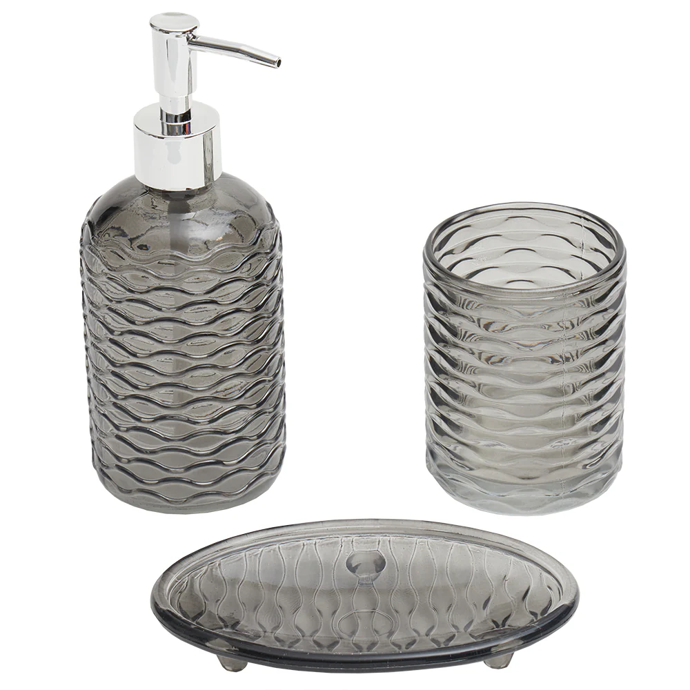 Home Basics Rippled 3-Piece Glass Bath Accessory Set, Grey