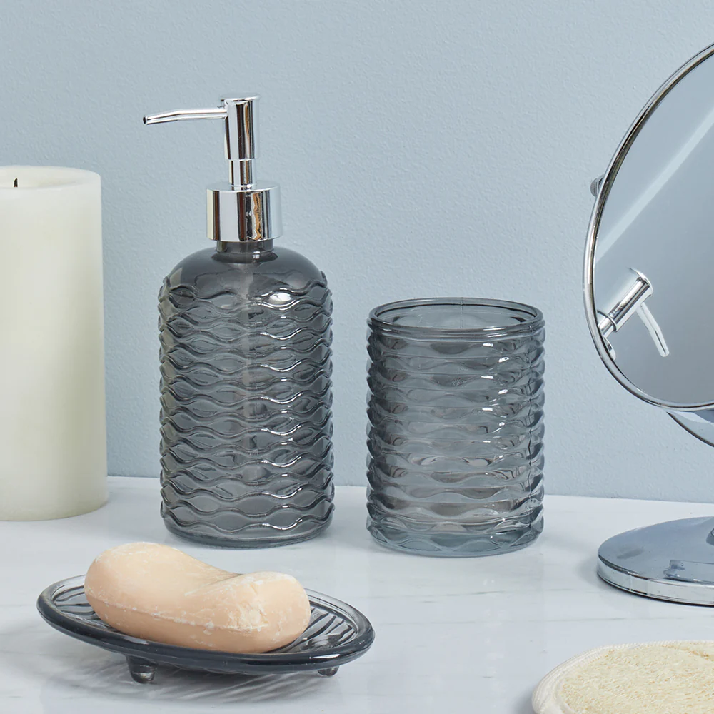 Home Basics Rippled 3-Piece Glass Bath Accessory Set, Grey - Image 4