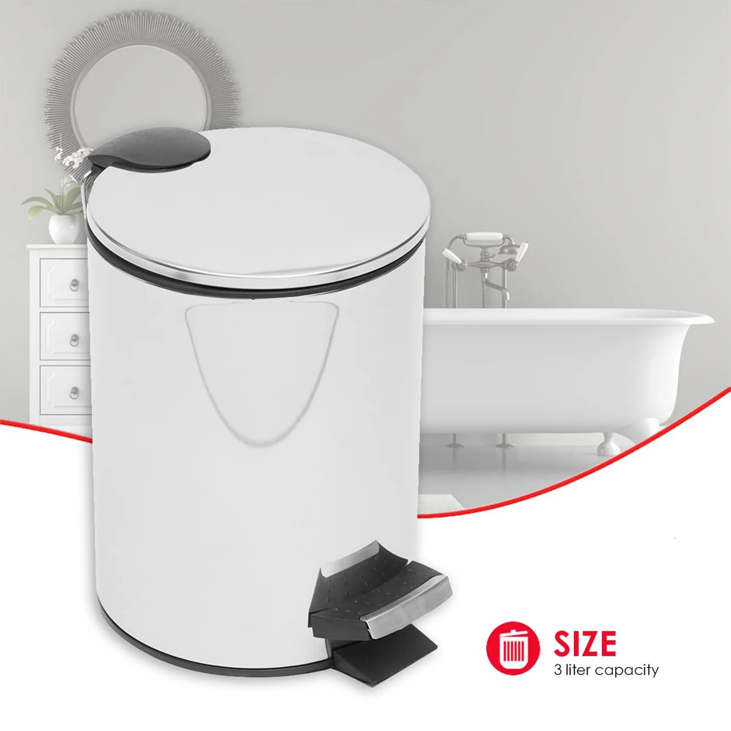 Home Basics Round 3 Liter Step Waste Bin with Carrying Handle, Matte Stainless Steel - Image 3