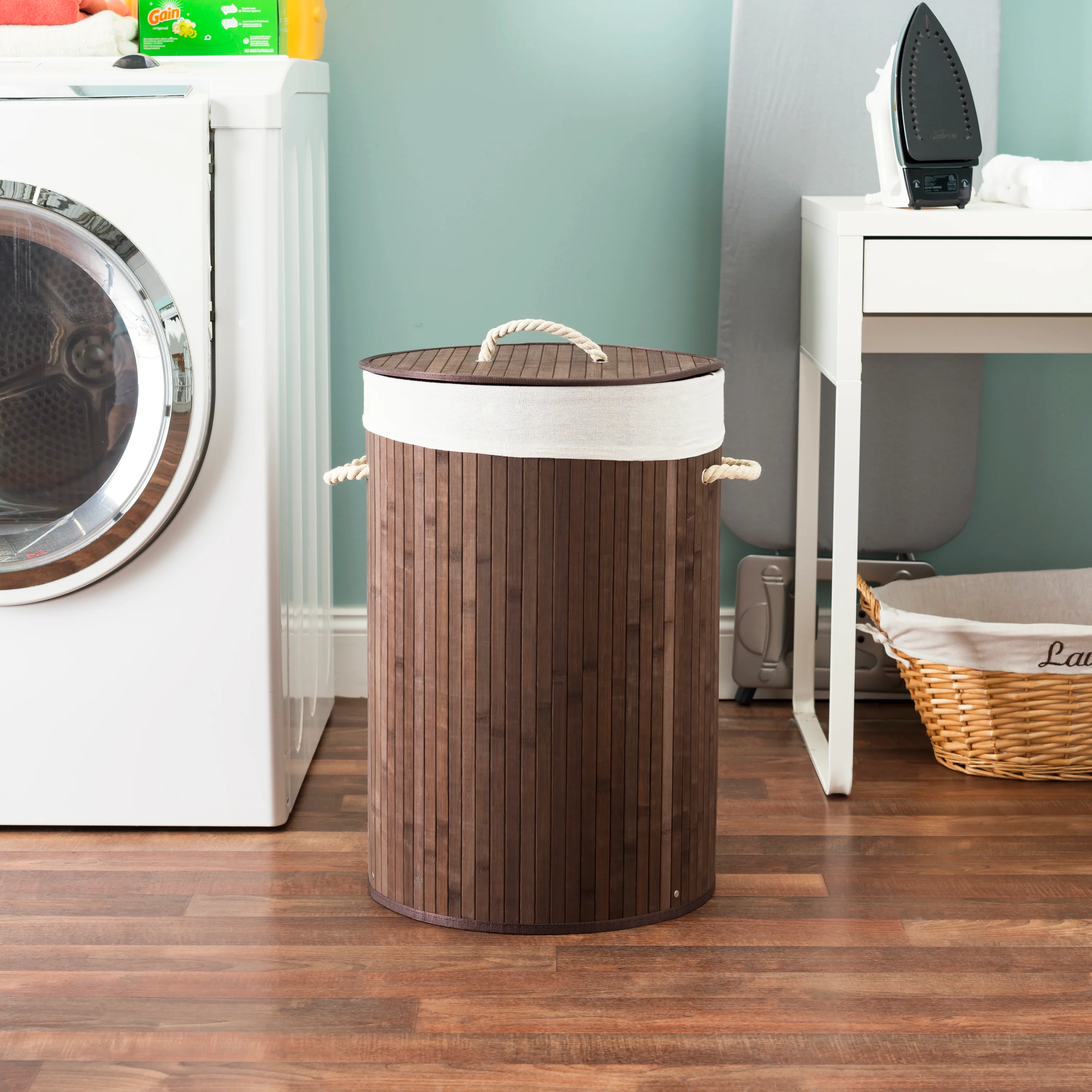 Home Basics Round Foldable Bamboo Hamper, Brown - Image 3