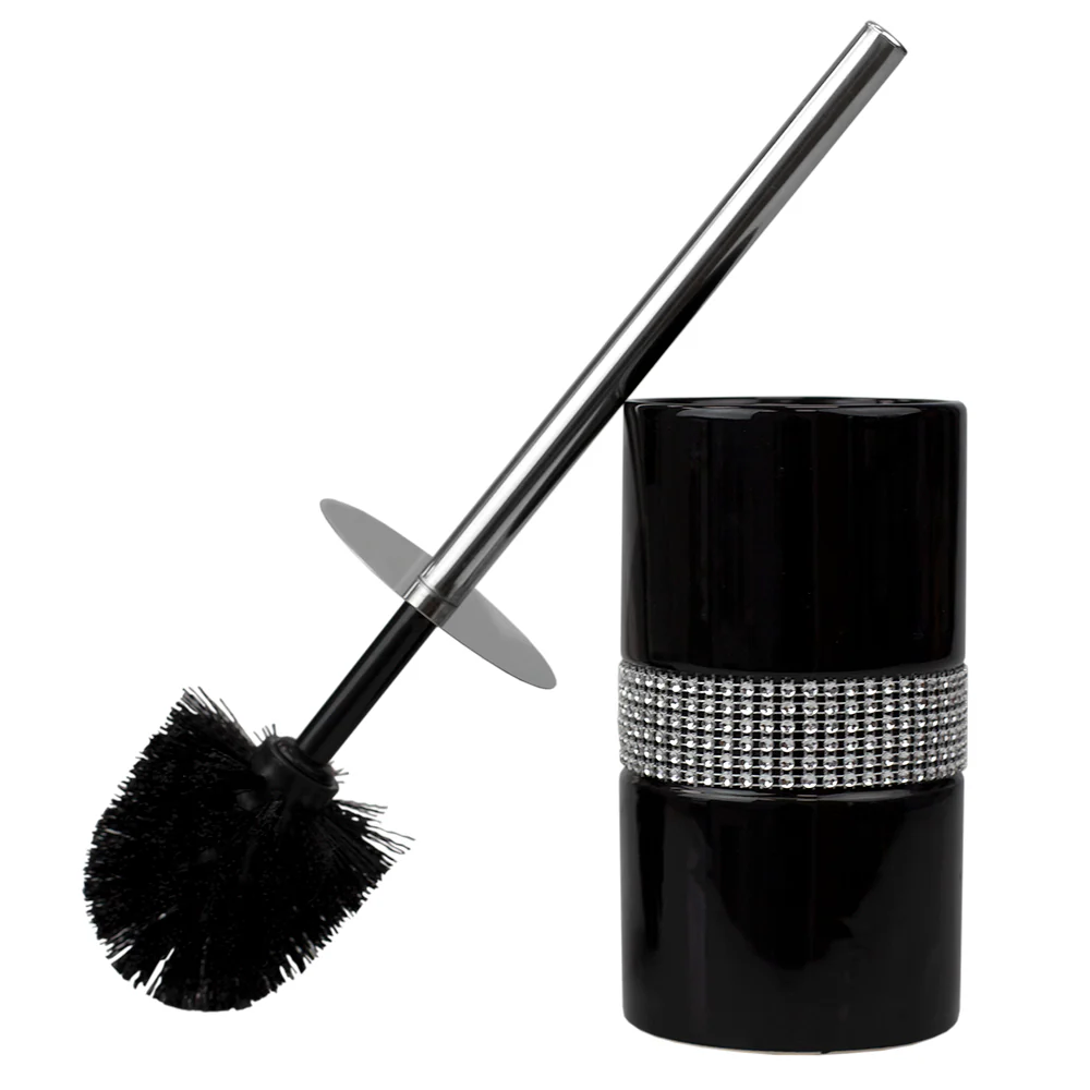 Home Basics Sequin Accented Ceramic Luxury Hideaway Toilet Brush Holder with Steel Handle, Black