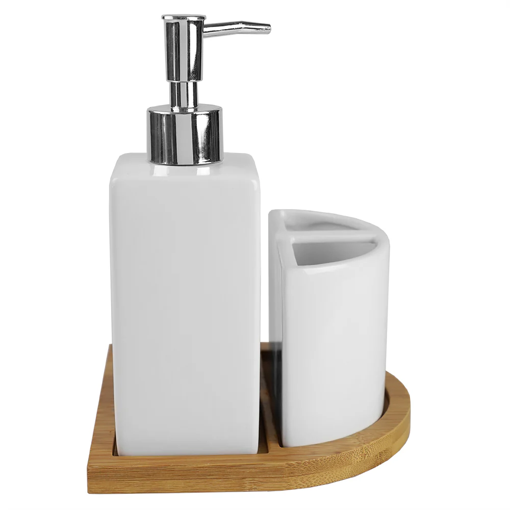 Home Basics Serene Scandinavian 4 Piece Ceramic Bath Accessory Set with Bamboo Tray, White