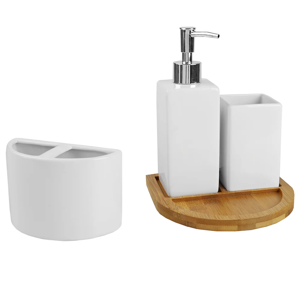 Home Basics Serene Scandinavian 4 Piece Ceramic Bath Accessory Set with Bamboo Tray, White - Image 2