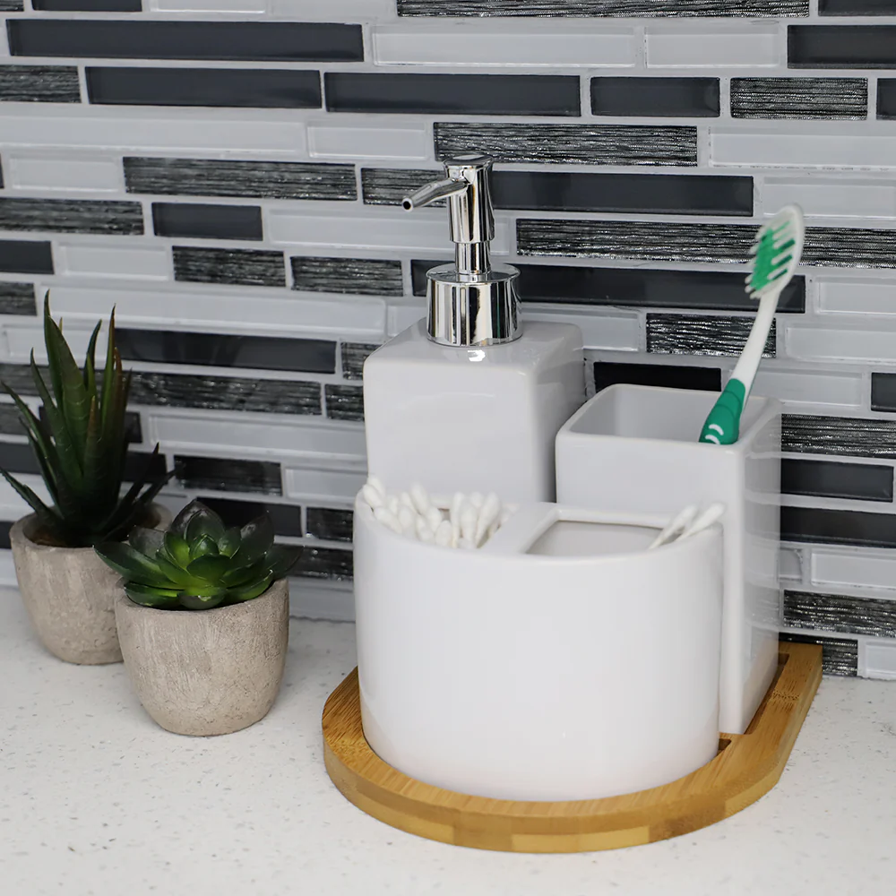 Home Basics Serene Scandinavian 4 Piece Ceramic Bath Accessory Set with Bamboo Tray, White - Image 4