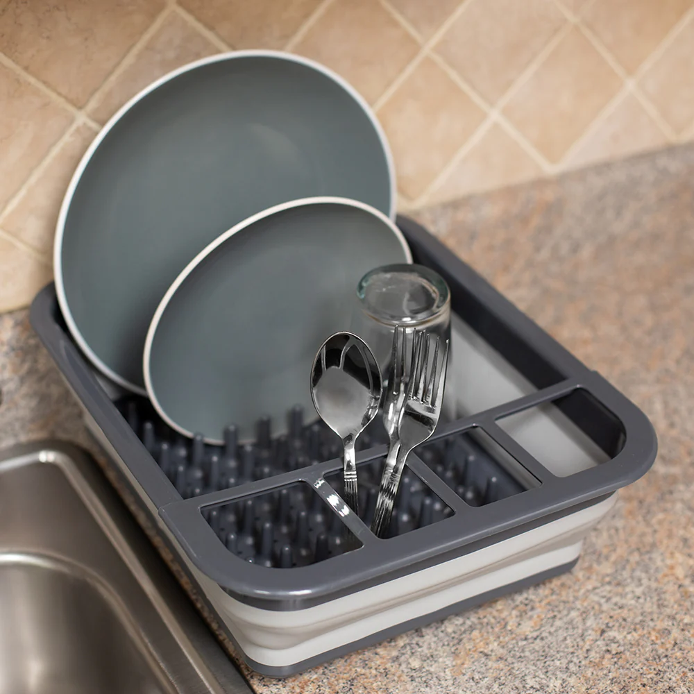 Home Basics Silicone and Plastic  Easy Storage Collapsible Dish Rack,Grey - Image 5