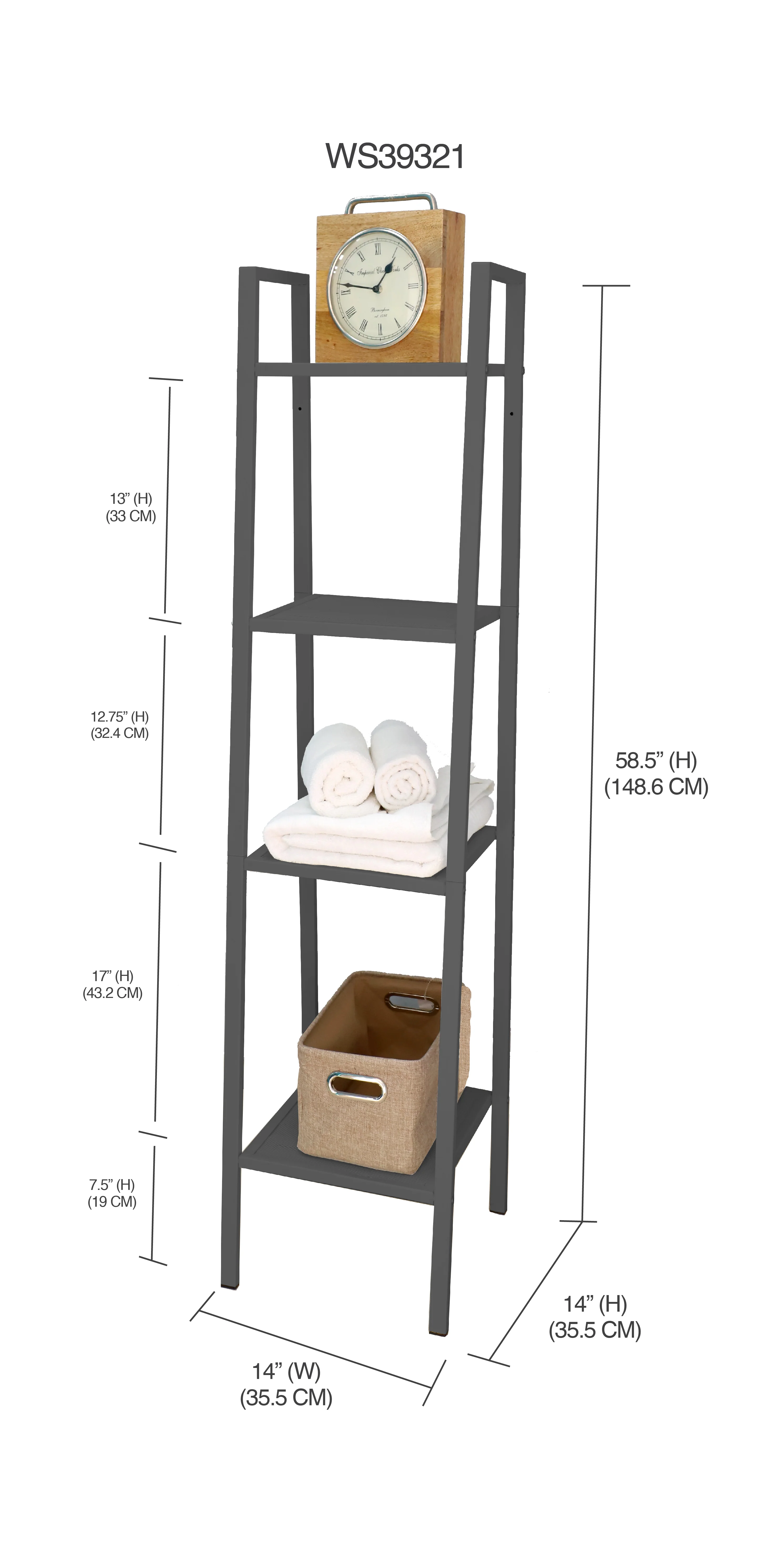 Home Basics Small 4 Tier Metal Rack, (14" x 14" x 58"), Grey - Image 2