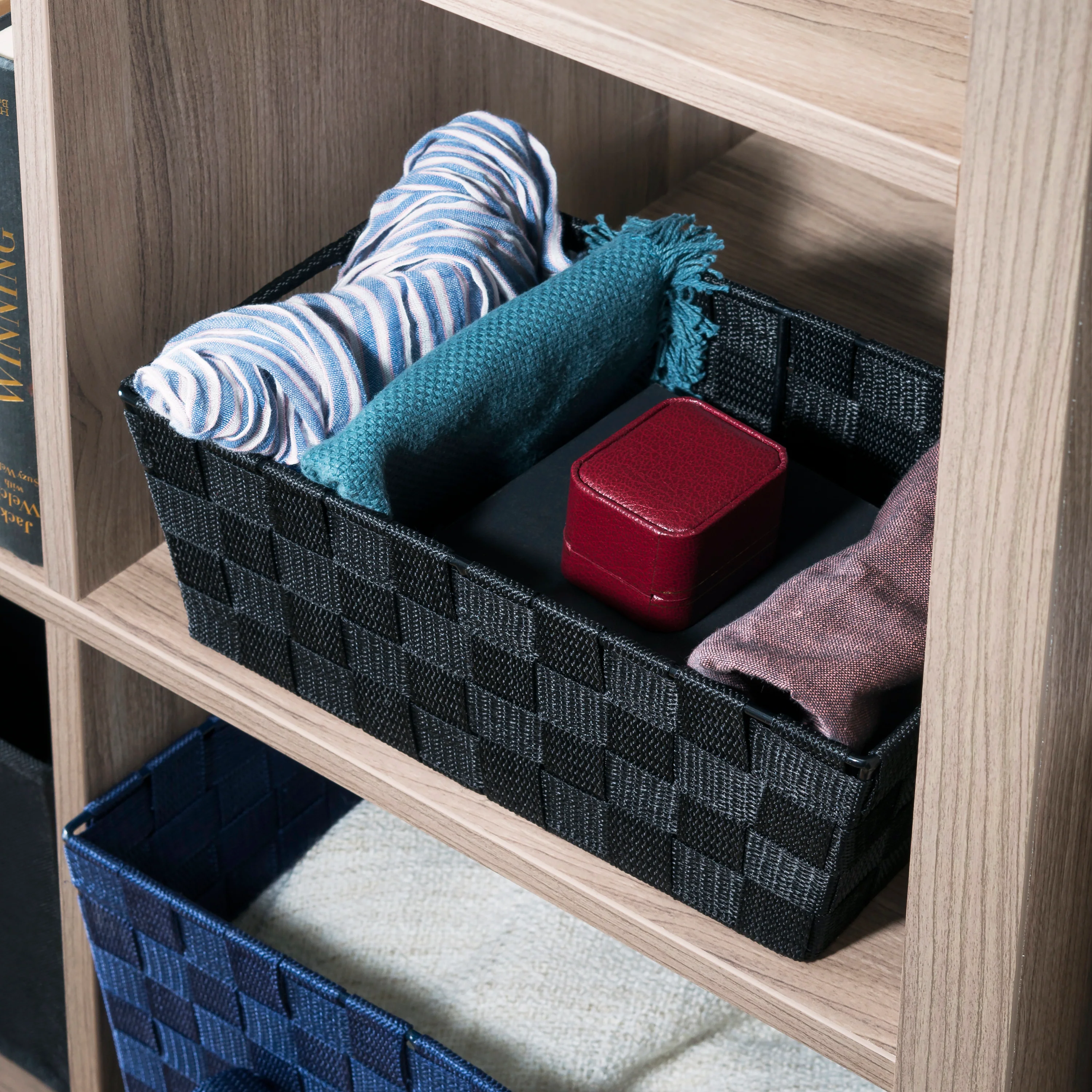 Home Basics Small Polyester Woven Strap Open Bin, Black - Image 2
