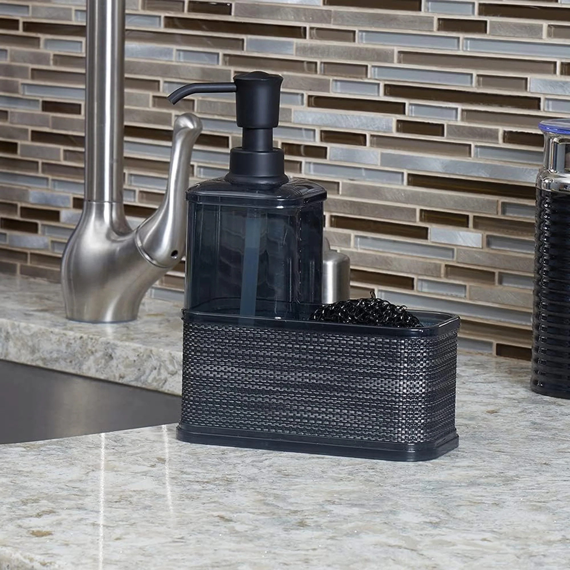 Home Basics Soap Dispenser with Basketweave Sponge Holder, Black, 18.6 oz - Image 3
