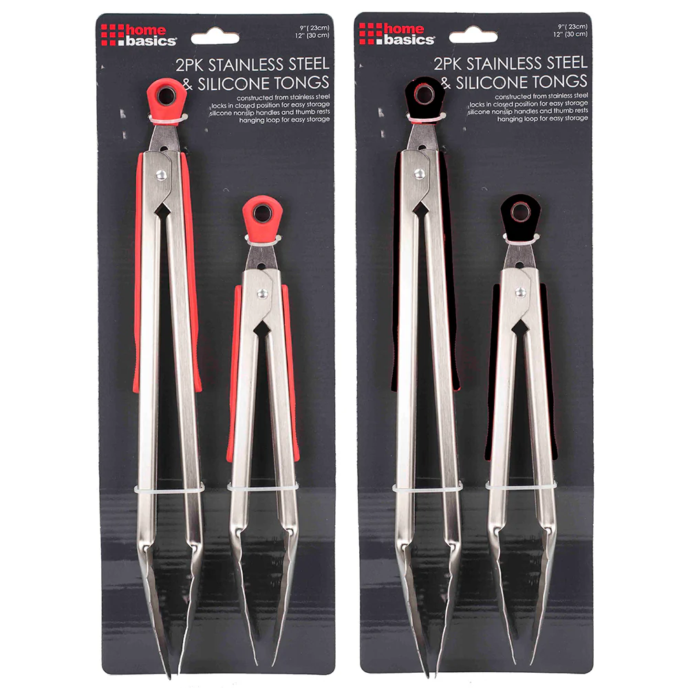 Home Basics Stainless Steel 2 Piece Tong Set with Silicone Handles, Assorted Colors - Image 2