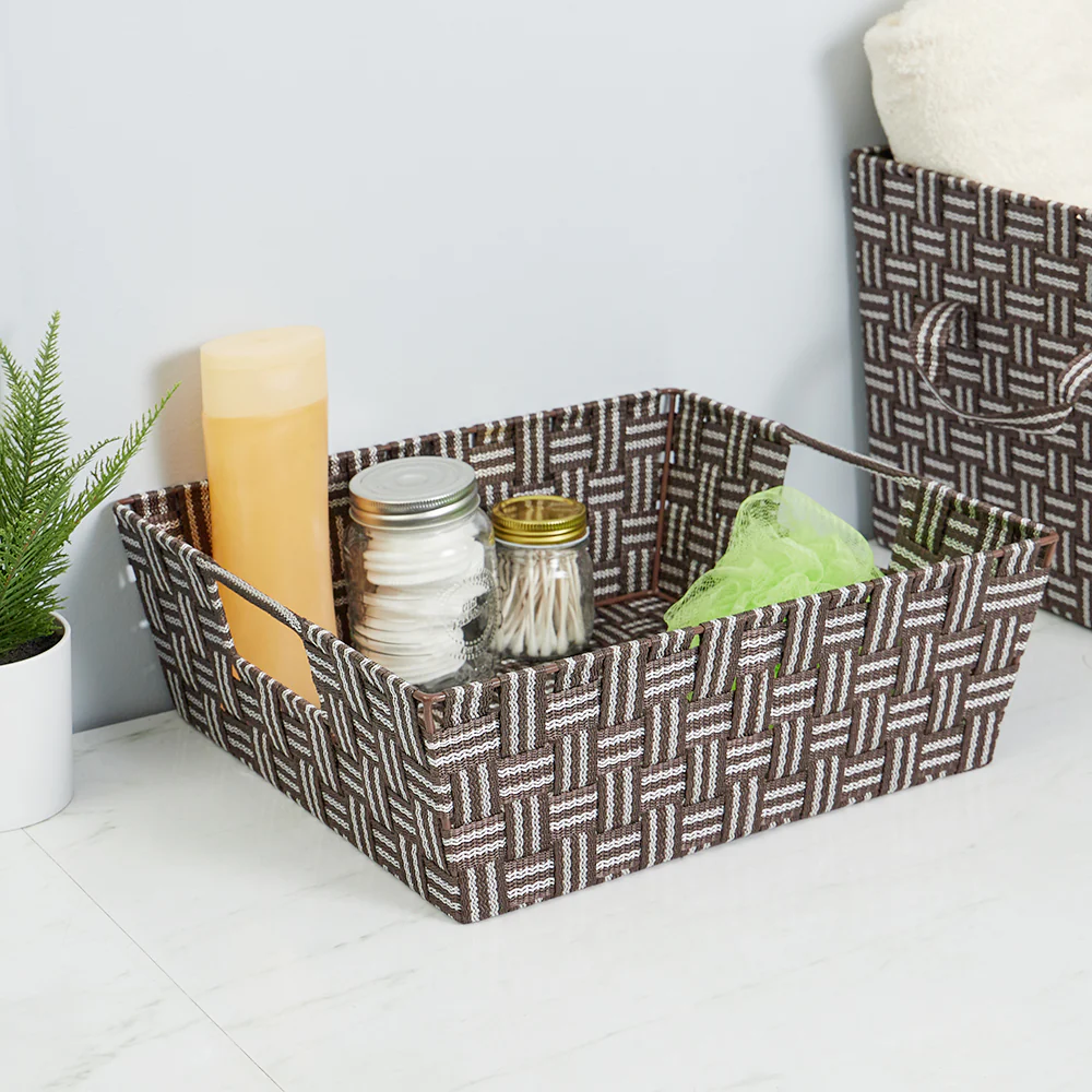 Home Basics Stripe Woven Strap Large Storage Bin, Brown - Image 5