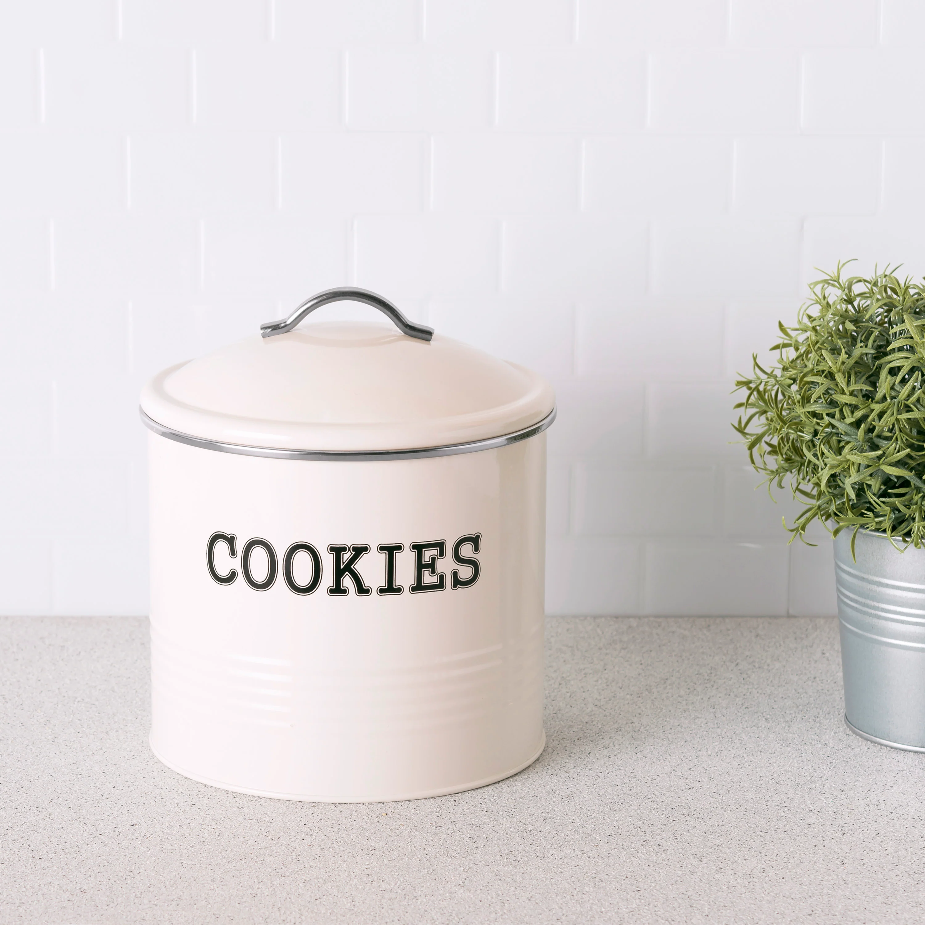 Home Basics Tin Cookie Jar, Ribbed Design, Ivory, 7.6x7.5 Inches - Image 3