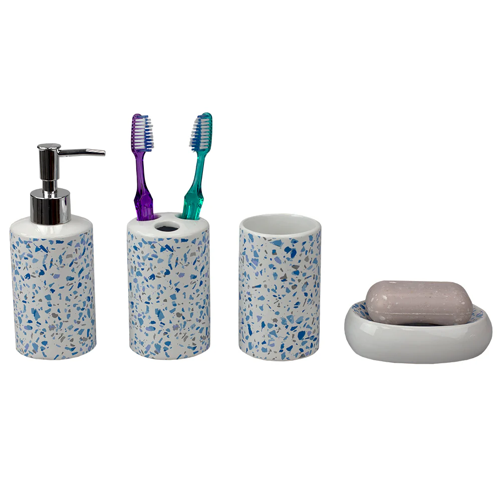 Home Basics Trendy Terrazzo 4 Piece Ceramic Bath Accessory Set, Blue - Image 3