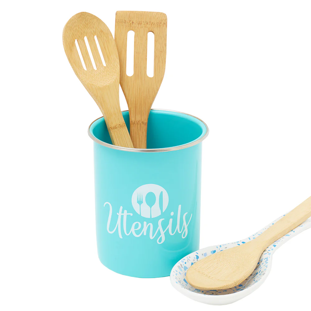 Home Basics Utensils Cutlery Holder with Steel Rim, Turquoise, 5x6 Inches - Image 3