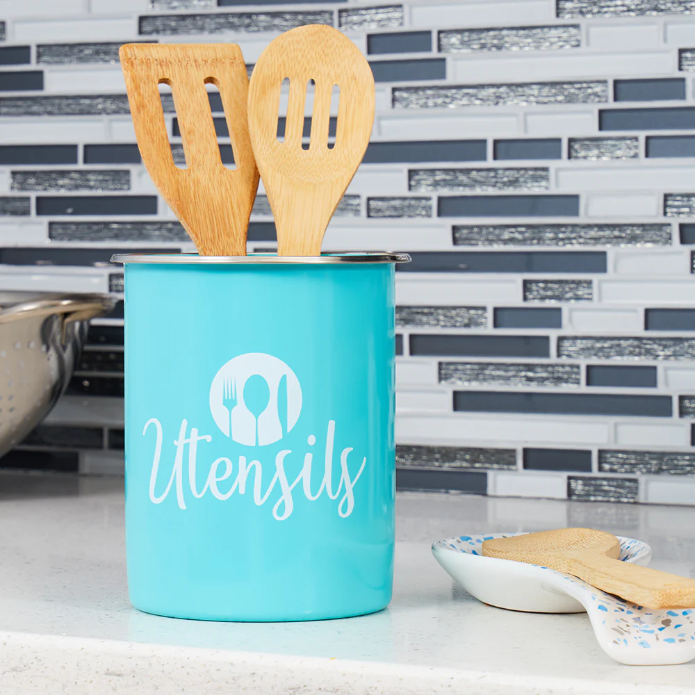 Home Basics Utensils Cutlery Holder with Steel Rim, Turquoise, 5x6 Inches - Image 4