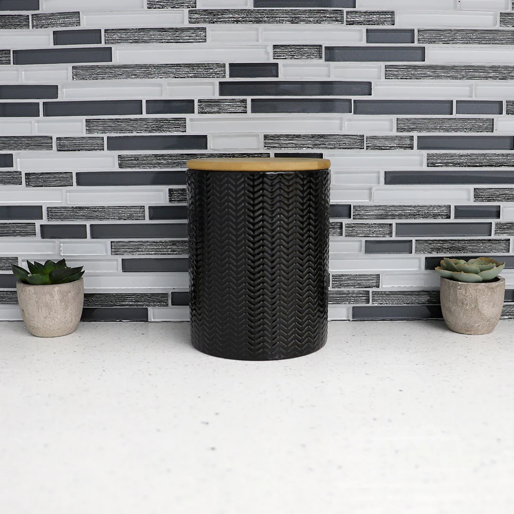 Home Basics Wave Ceramic Canister With Bamboo Lid, Black, Medium, 5x6.5 Inches - Image 4
