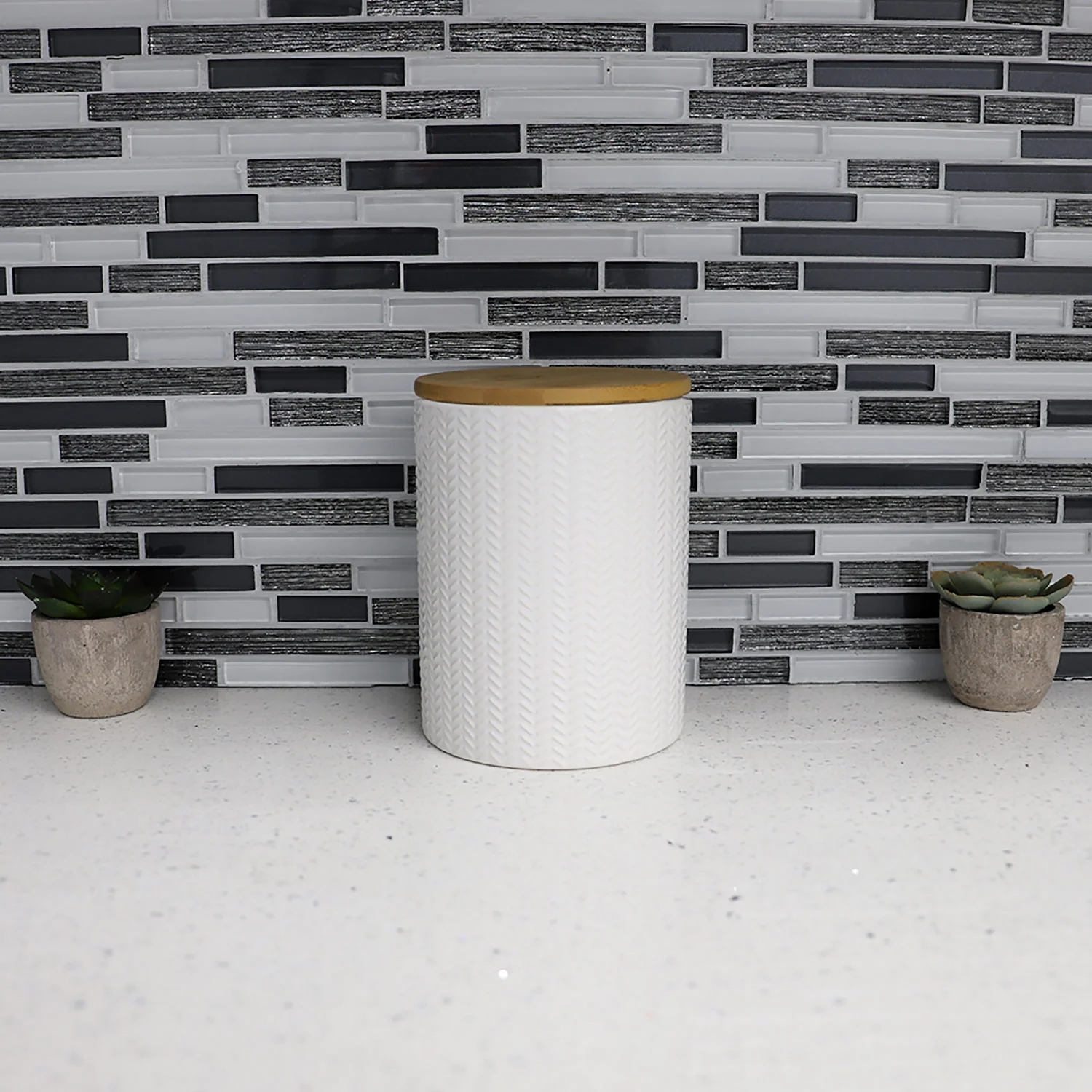 Home Basics Wave Ceramic Canister With Bamboo Lid, White, Medium, 5x6.5 Inches - Image 4