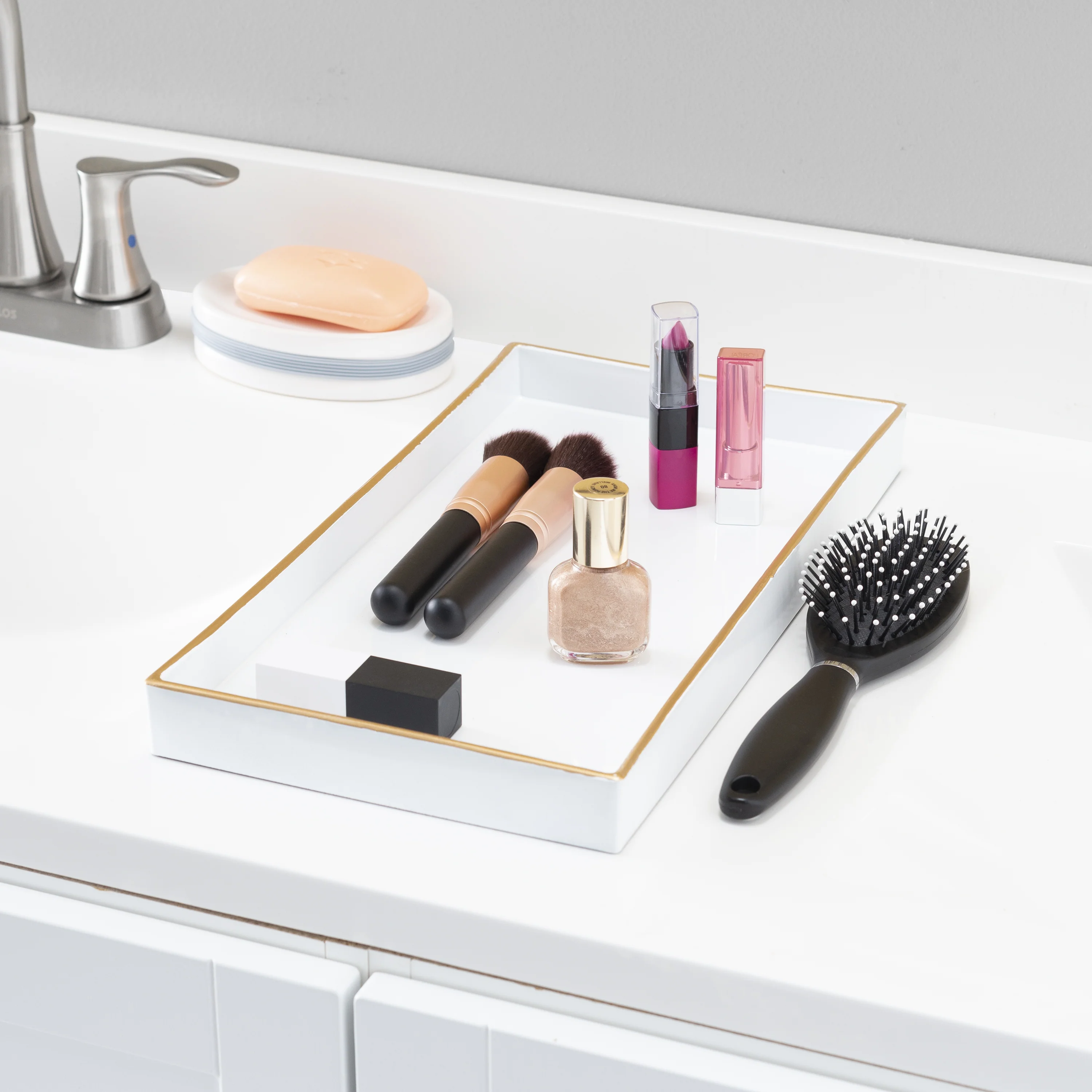 Home Basics White Plastic Vanity Tray with Gold Trim - Image 5