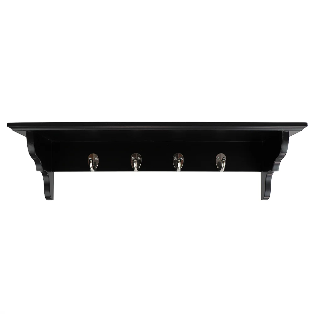 Home Basics Wood Floating Shelf with Key Hooks, Black - Image 2