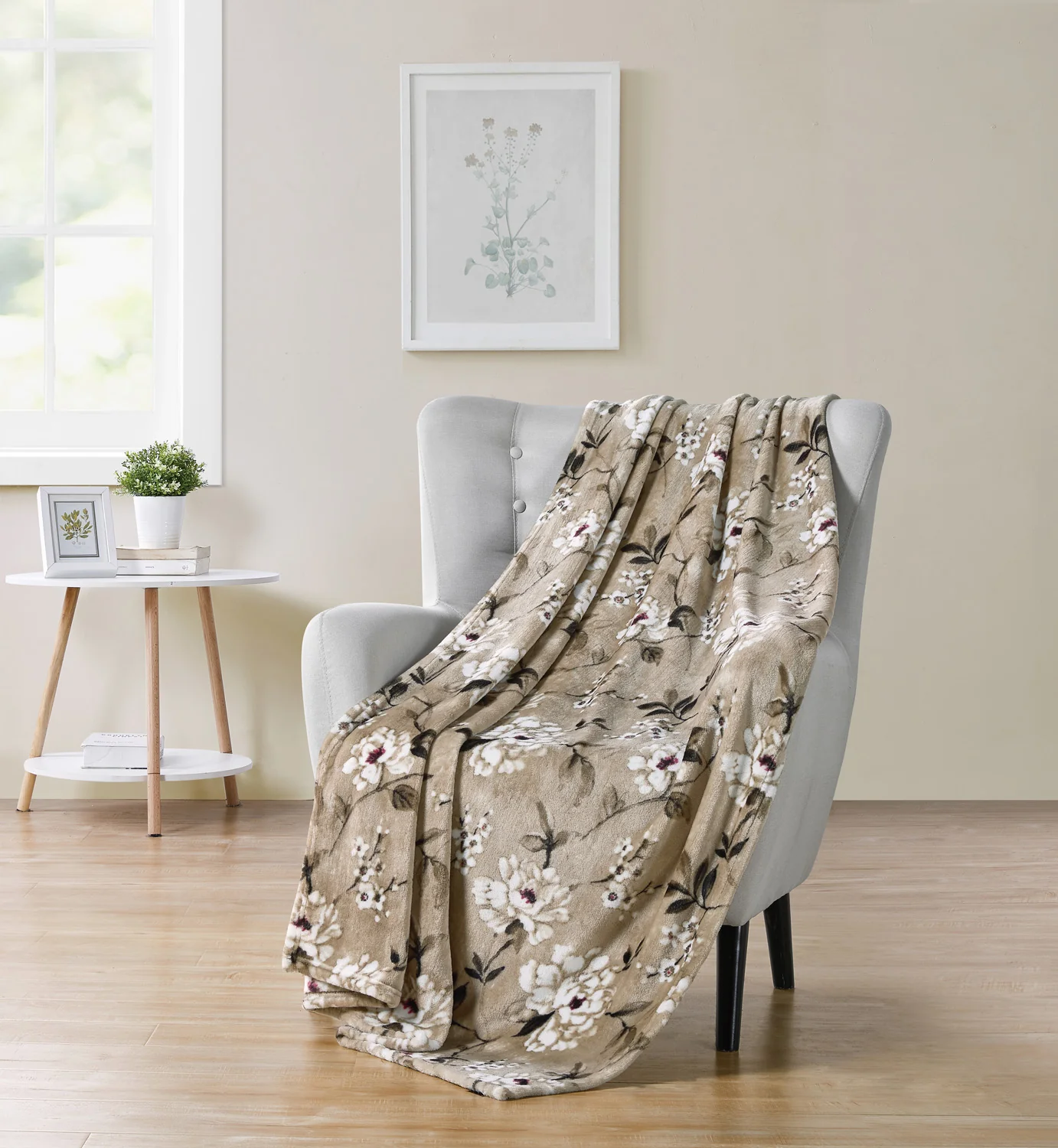 Hudson Essex Everlie Floral Plush Throw Blanket, Taupe, 50x70 Inches