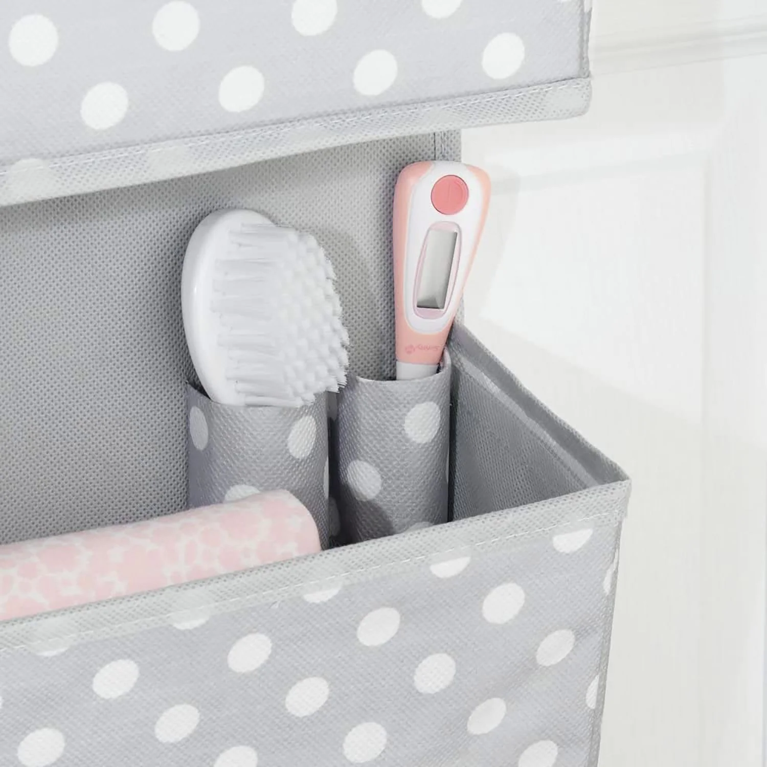 iDesign jr Dot Fabric Over The Door Hanging Storage With 3 Pockets, Gray-White, 13x4.5x36 Inches - Image 3