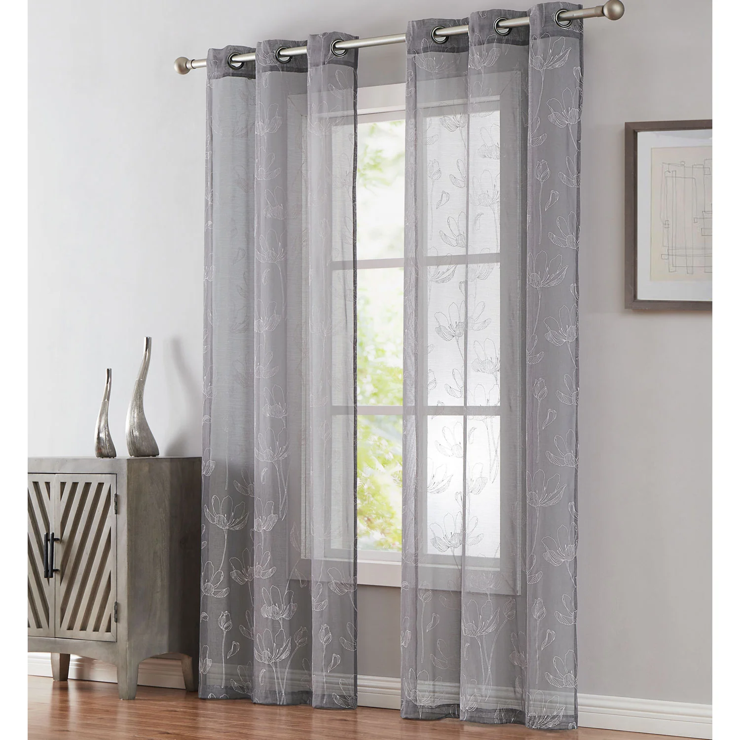 Ilona Floral Passion 2-Piece Grommet Sheer Window Panels Set, 38x95 Inches Each - Image 2