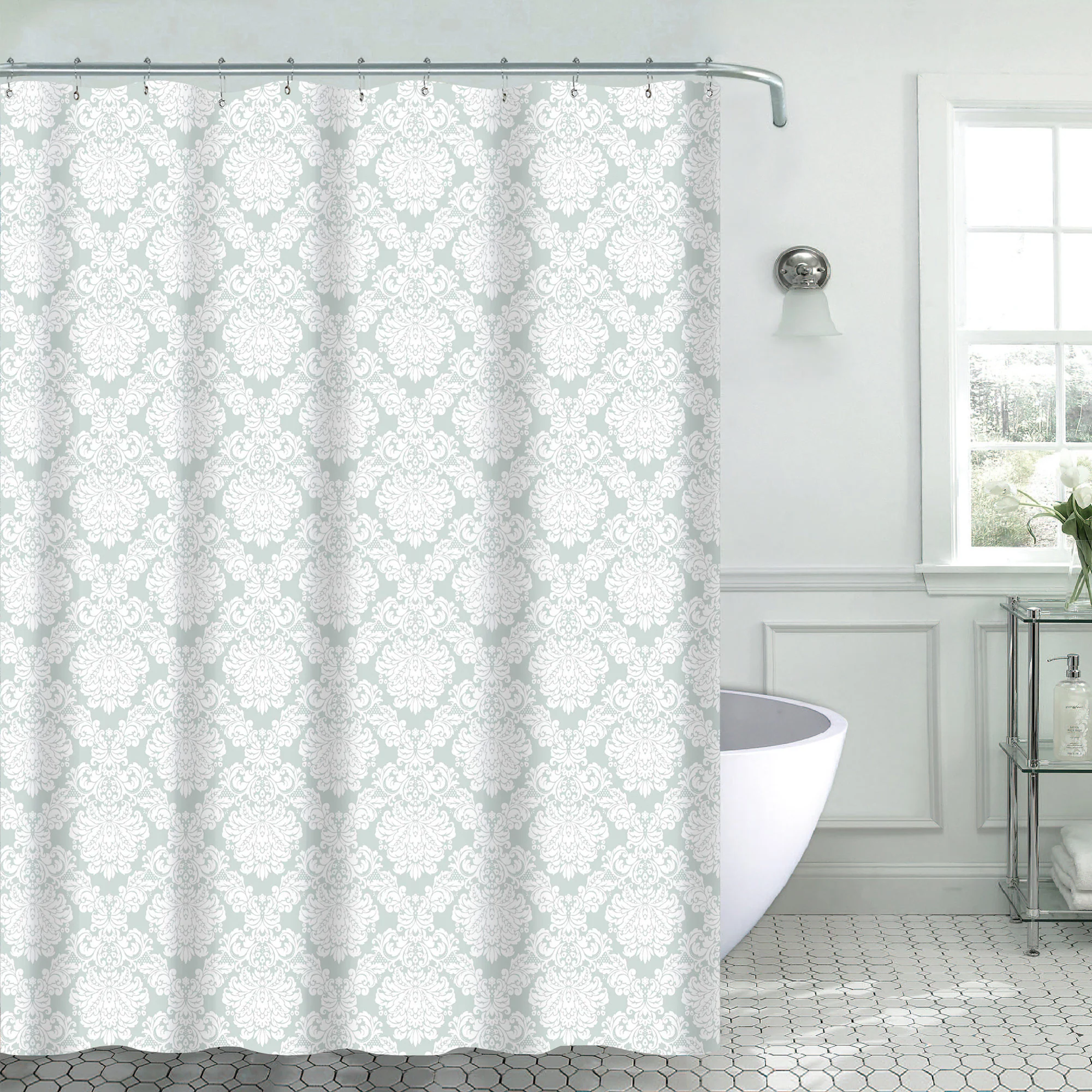Indiana 13-Piece Damask Canvas Shower Curtain, Aqua, 70x72 Inches