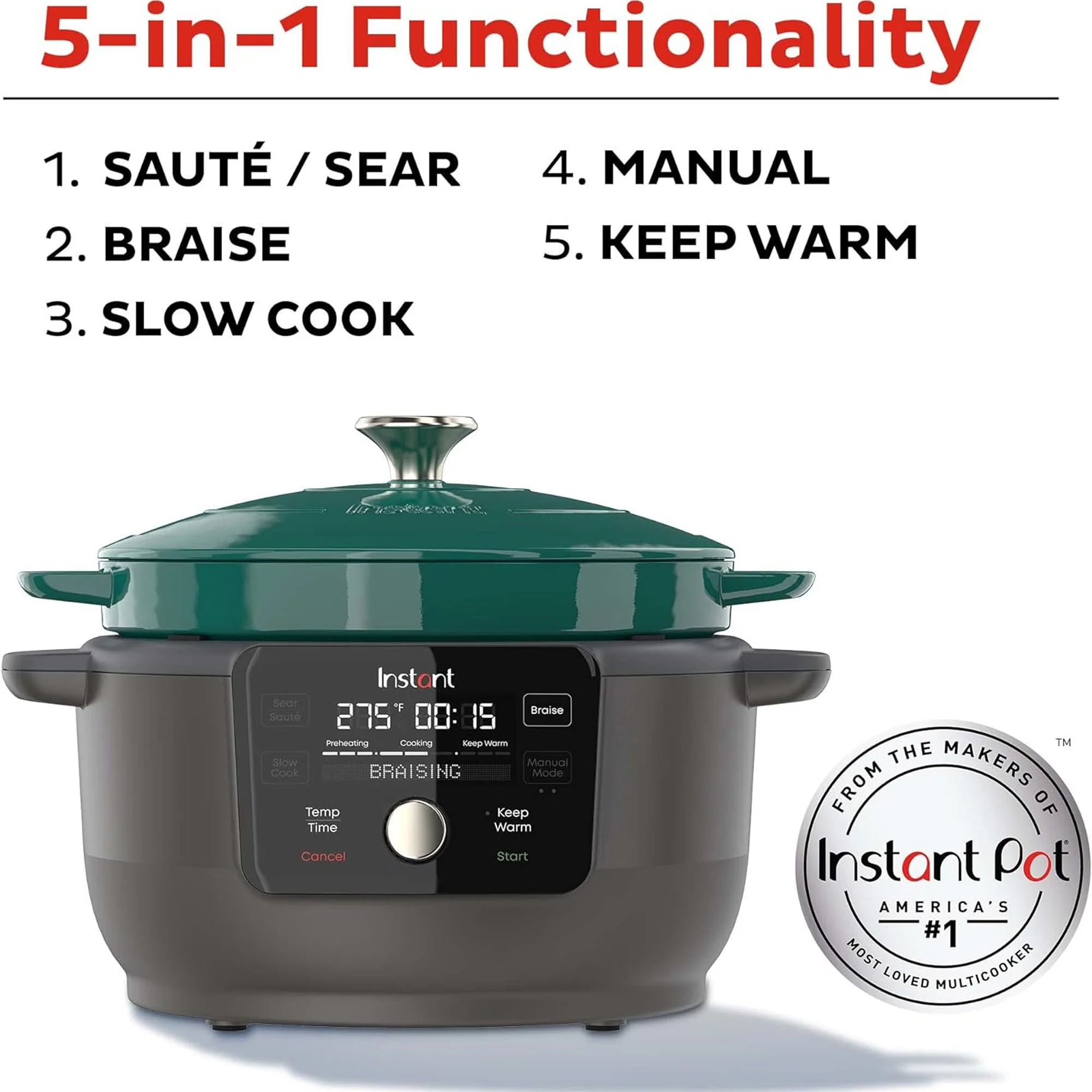 Instant 5-in-1 Electric Round Enameled Cast Iron Dutch Oven, 6-Quart 1500W, Green - Image 3