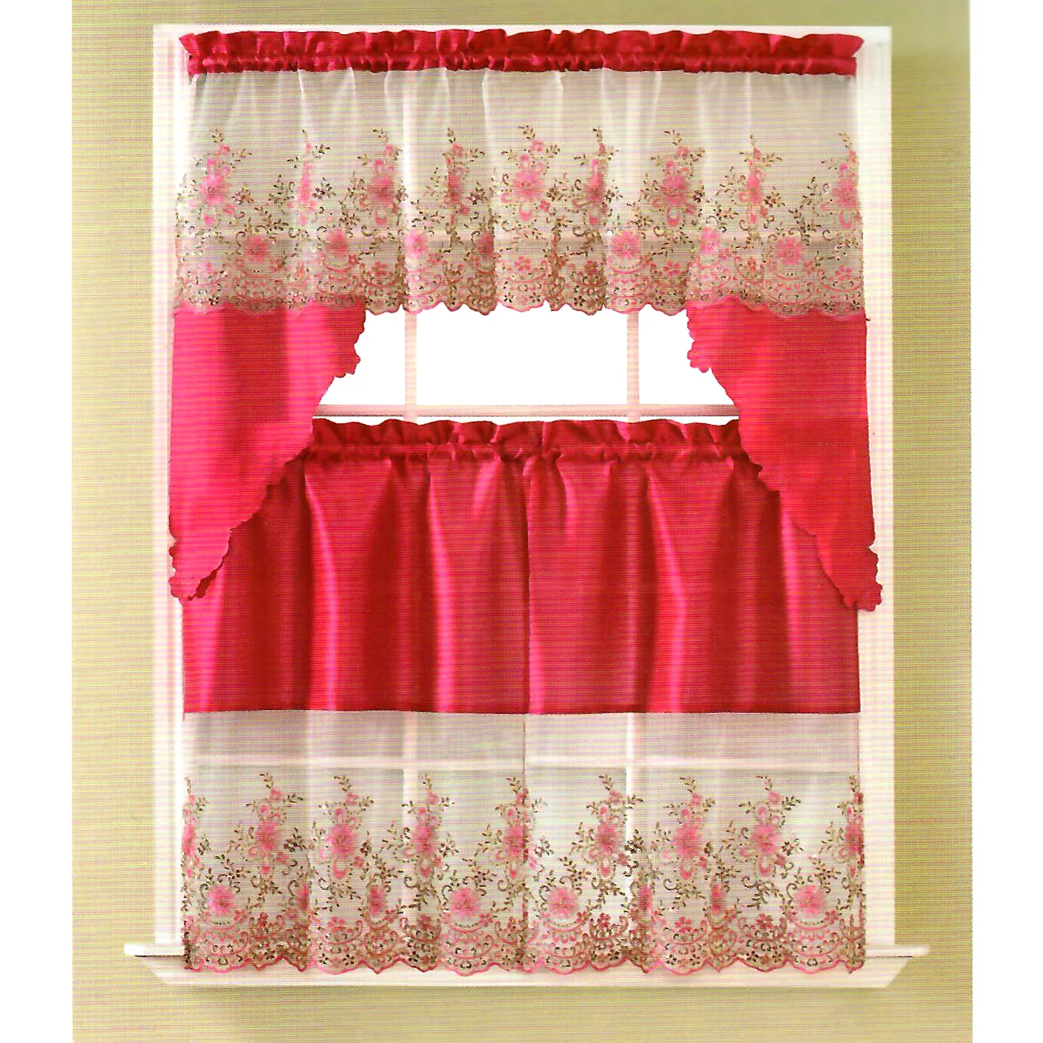Irina Floral Sequins Kitchen Curtain Set, Swag Valance 60x36, 30x36 Inches - Image 2