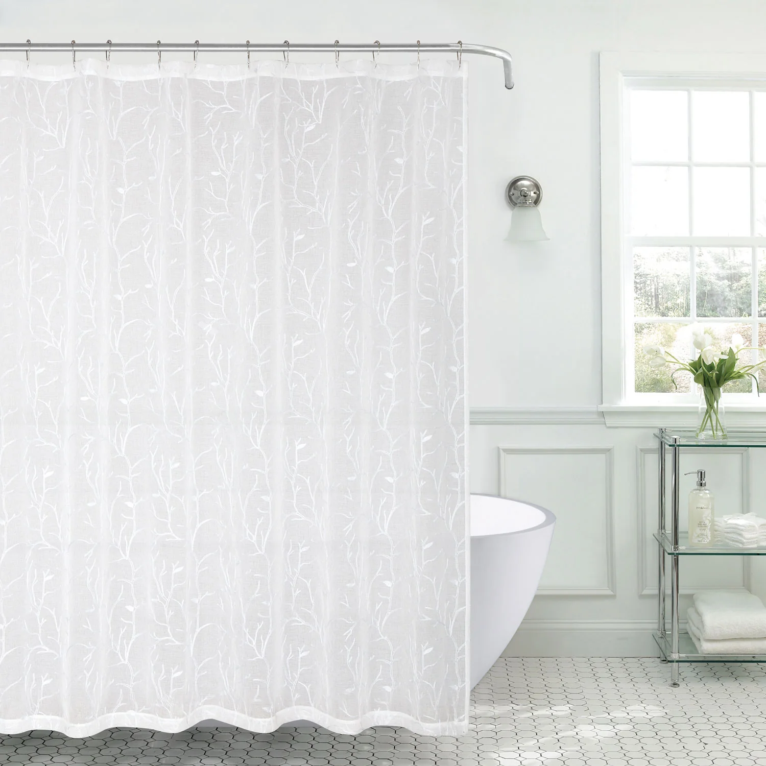 Janet Vines Sheer Embroidery Shower Curtain and 12 Metal Hooks Set, 70x72 Inches