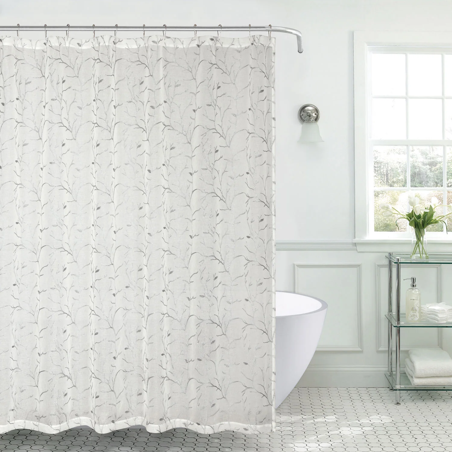 Janet Vines Sheer Embroidery Shower Curtain and 12 Metal Hooks Set, 70x72 Inches - Image 2