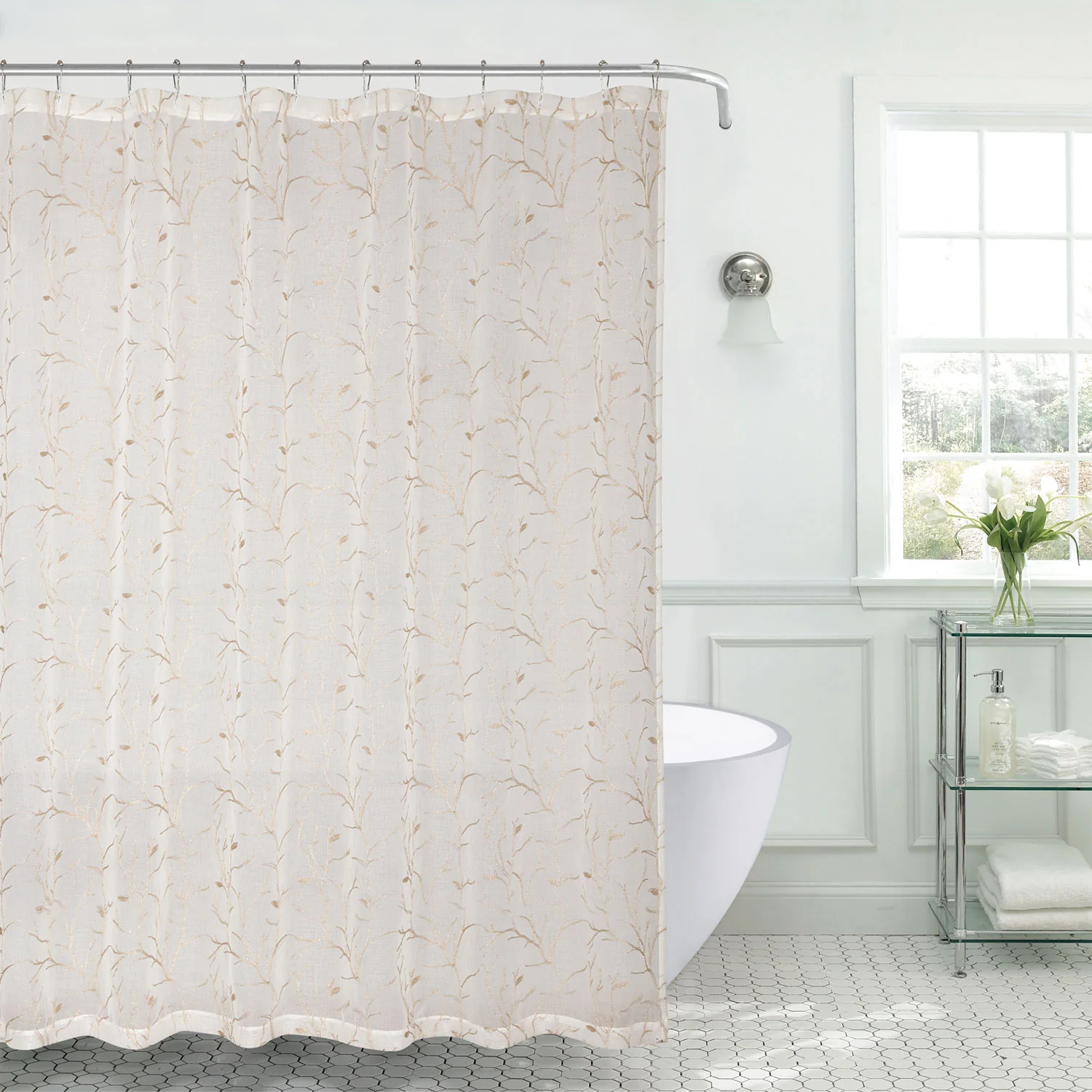 Janet Vines Sheer Embroidery Shower Curtain and 12 Metal Hooks Set, 70x72 Inches - Image 3