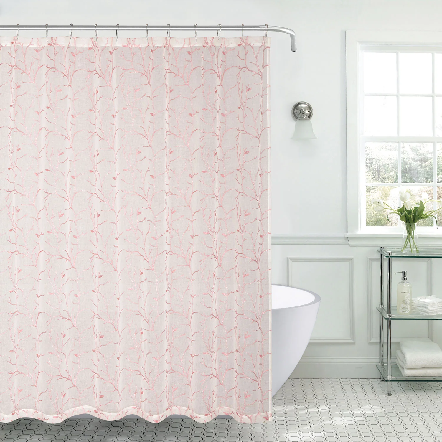 Janet Vines Sheer Embroidery Shower Curtain and 12 Metal Hooks Set, 70x72 Inches - Image 4